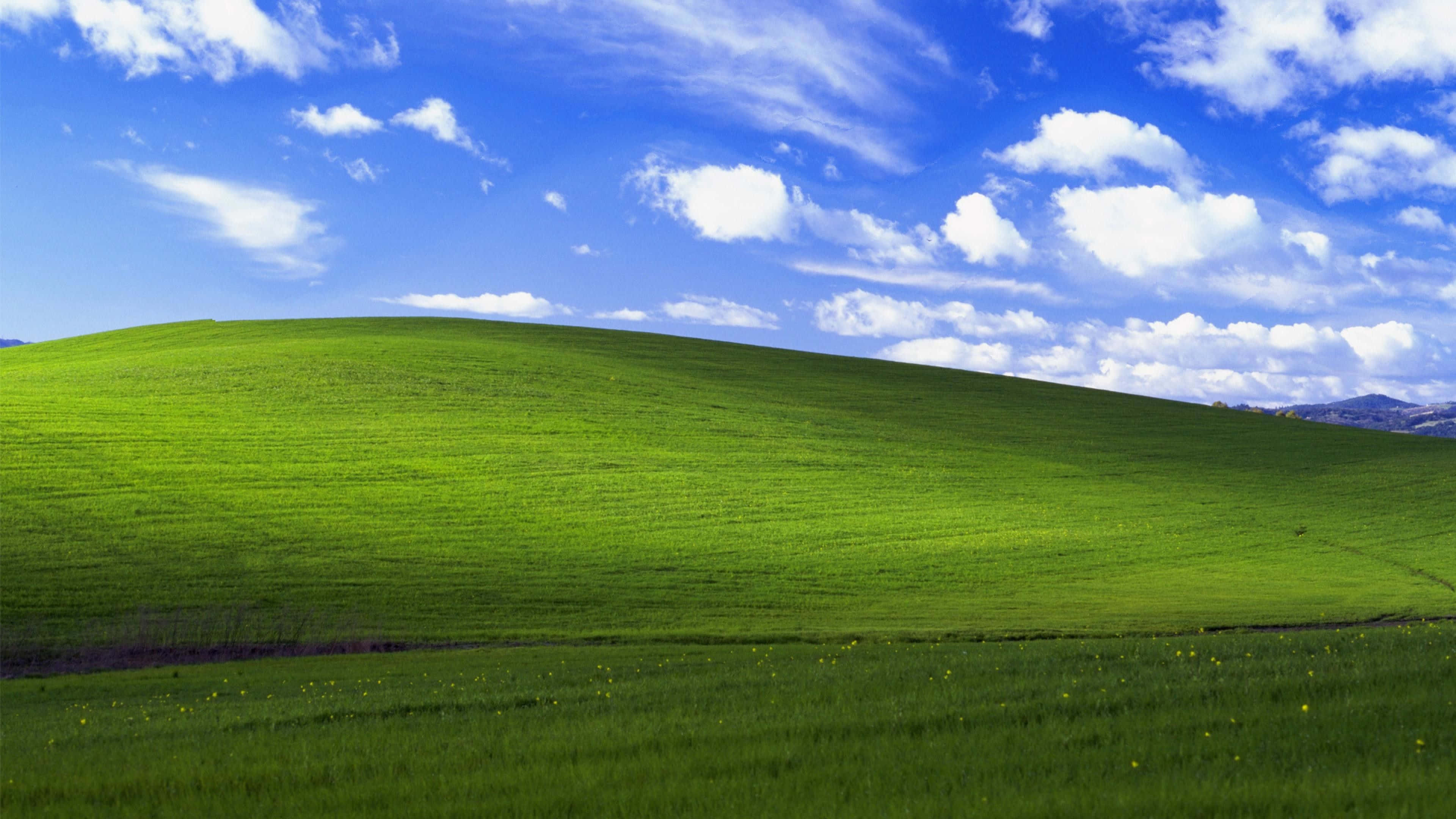 Windows 1 預設壁紙 Bliss 壁紙 — 廣闊起伏的綠色山丘，在明亮的藍天下點綴著蓬鬆的白雲。