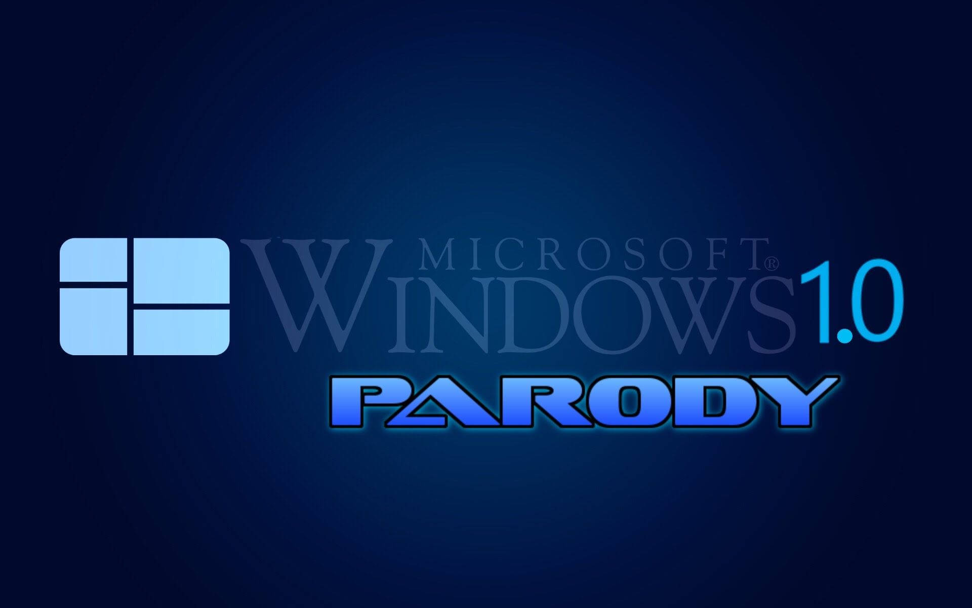 Windows 10 搞笑封面 壁紙 — 一個模仿 Windows 1.0 的標誌，帶有發光的藍色文字和圖標，背景為深藍色漸變。