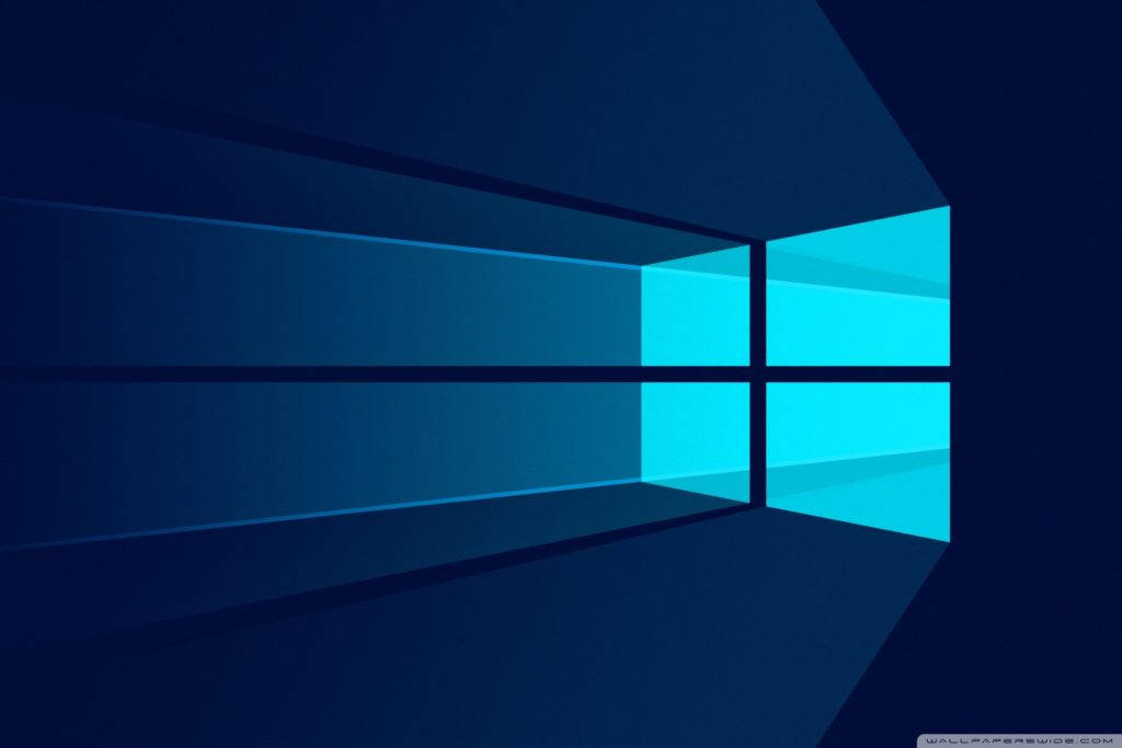 Windows 10 圖形桌面背景 壁紙 — 一個風格化的藍色窗戶標誌，在深藍色幾何背景上發出青色光芒。