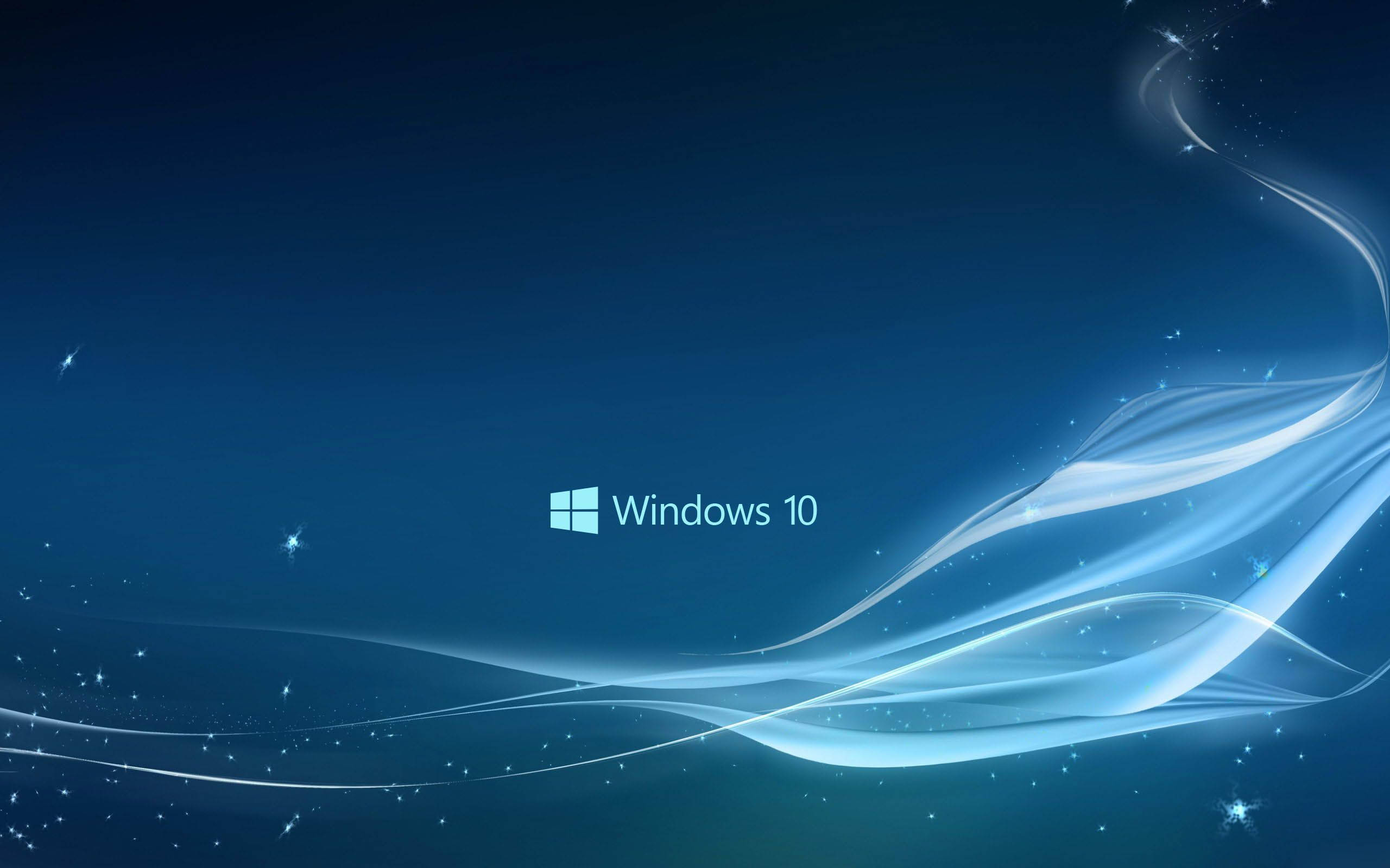 藍色飄逸線條Windows 10 壁紙 — Windows 10 標誌置於深藍色背景中央，帶有發光的白色波形和閃爍的星星。