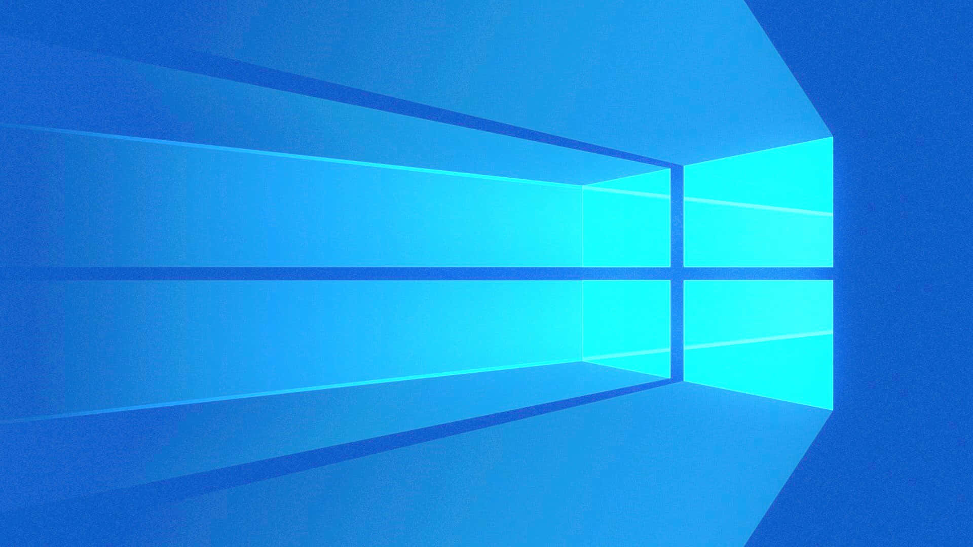 享受 Windows 10 的極簡美學 壁紙 — 一個極簡的數位窗戶，帶有發光的藍色窗格，在幾何抽象空間中投射柔和光線。