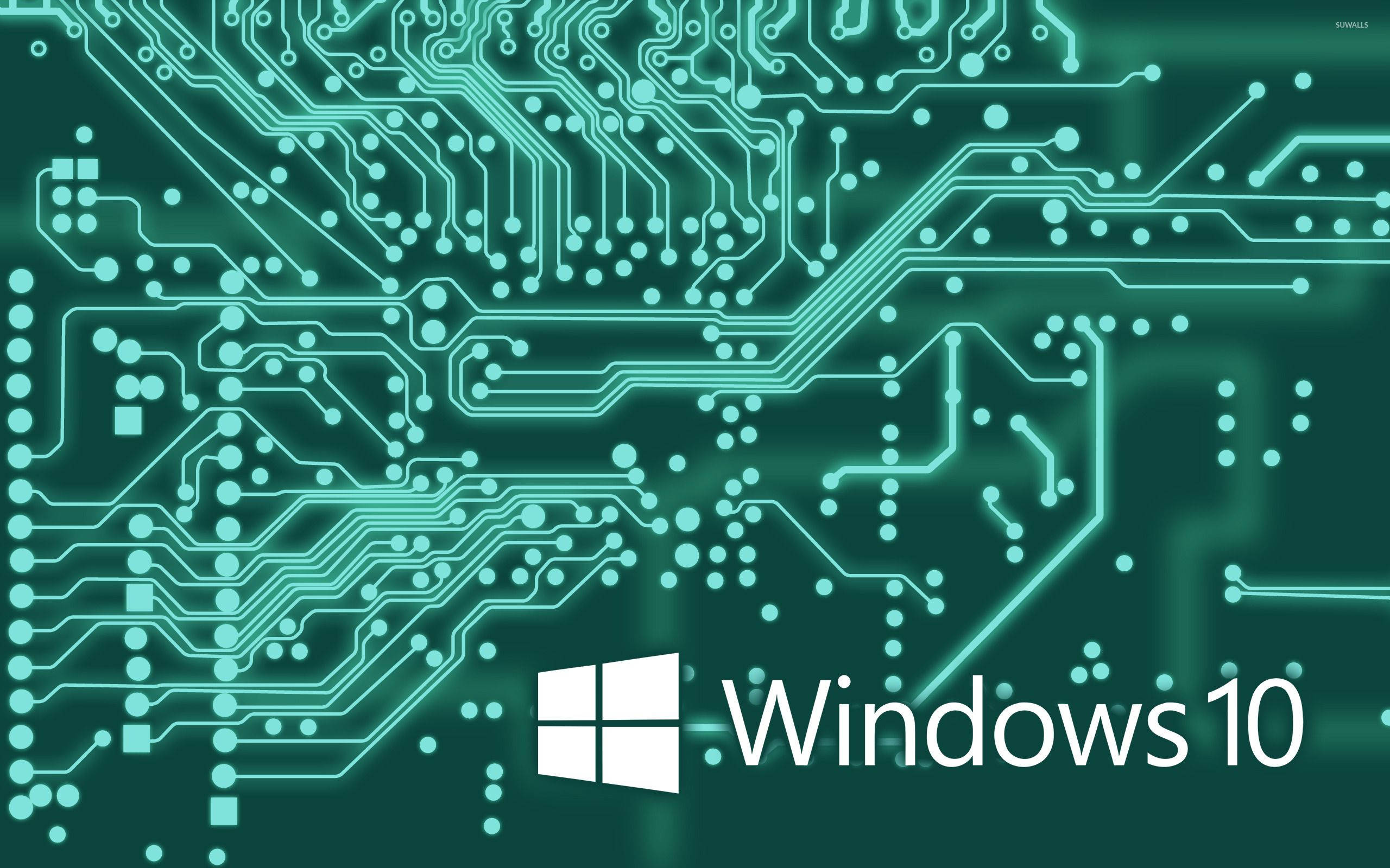 白色 Windows 10 電路板 壁紙 — 在深綠色背景上，帶有發光青綠色電路板圖案，中央為Windows 10標誌。