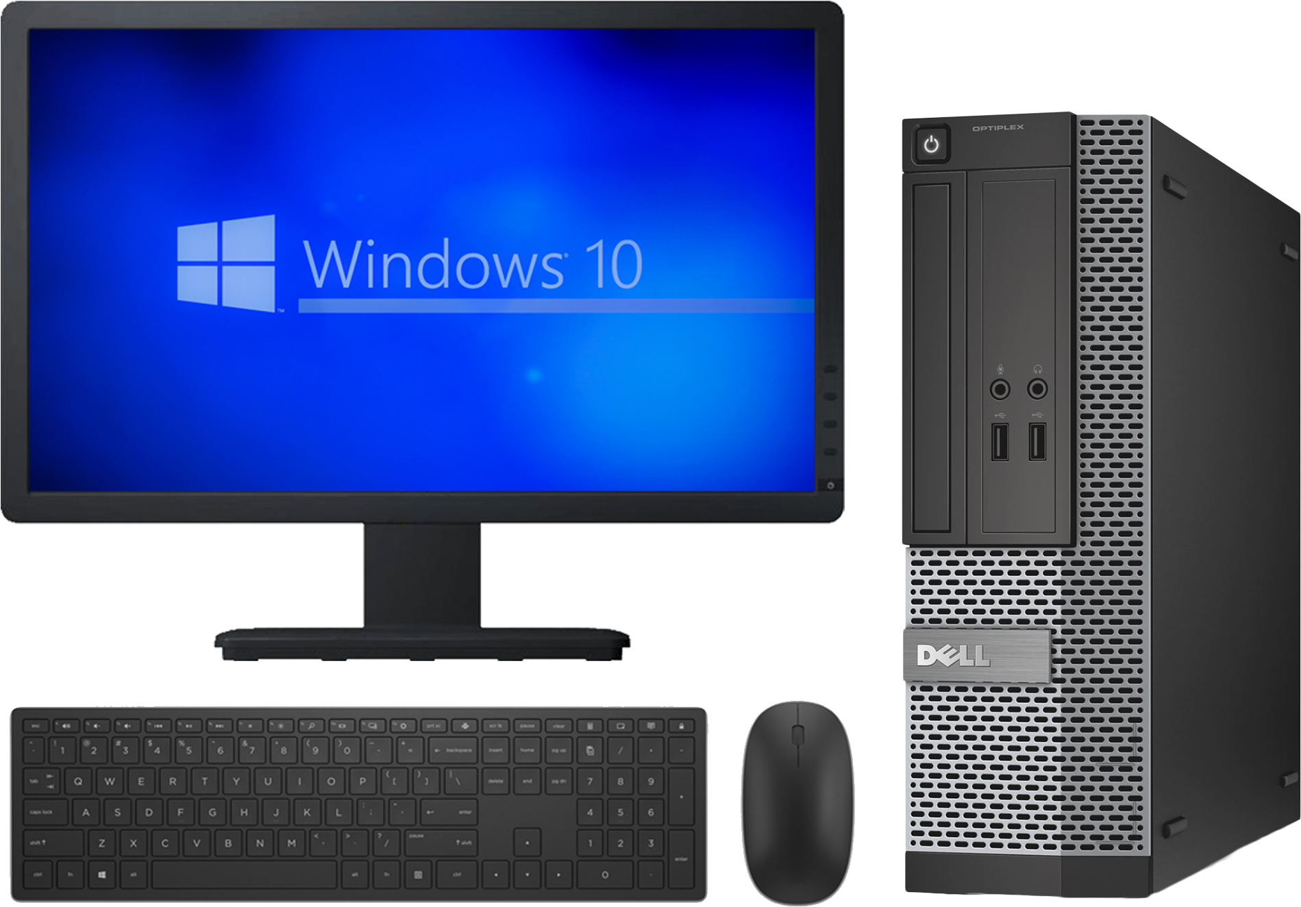 戴爾桌面電腦搭配 Windows 10 壁紙 — 一部黑色Dell桌上型電腦，配備顯示器、鍵盤和滑鼠，在深色背景上顯示Windows 10啟動畫面。