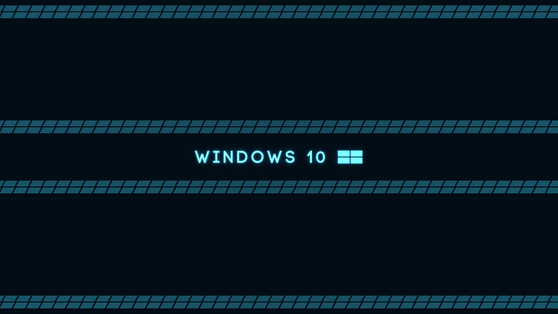 Windows 10 標誌帶有青色光芒，由藍色像素化條紋框住，置於深色背景上