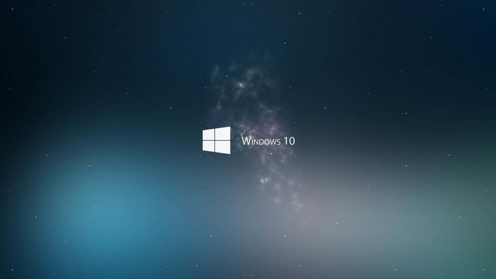 Windows 10 標誌在星空太空背景上，帶有藍色和藍綠色漸變。