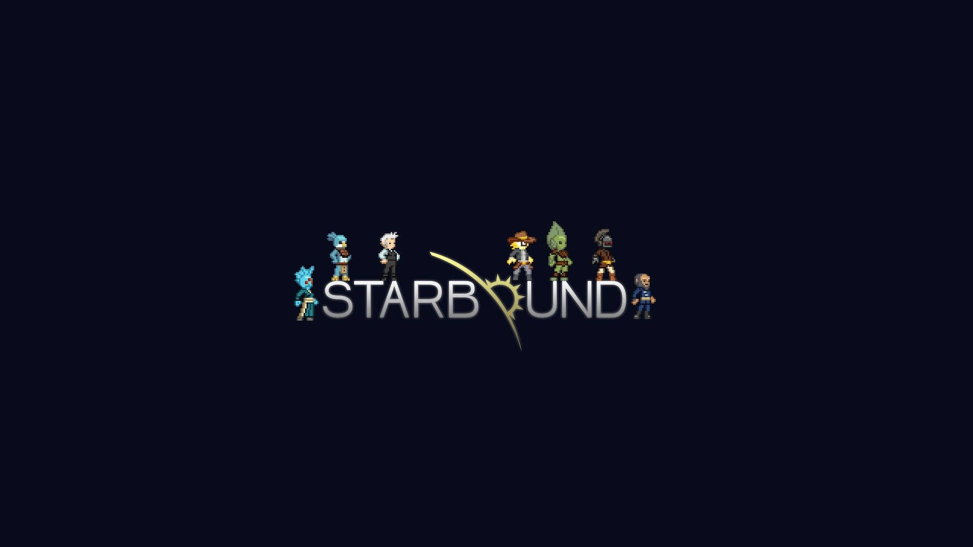 七個像素化遊戲角色在黑暗背景上的 Starbound 標誌下站立。