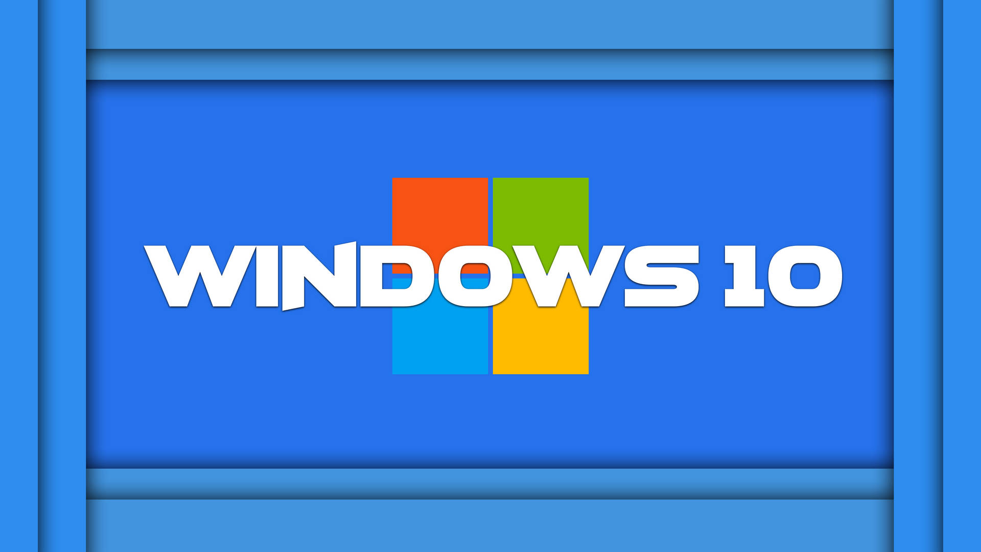  壁紙 — Windows 10 標誌，藍色背景上帶有彩色方塊，並由分層的藍色面板框住。