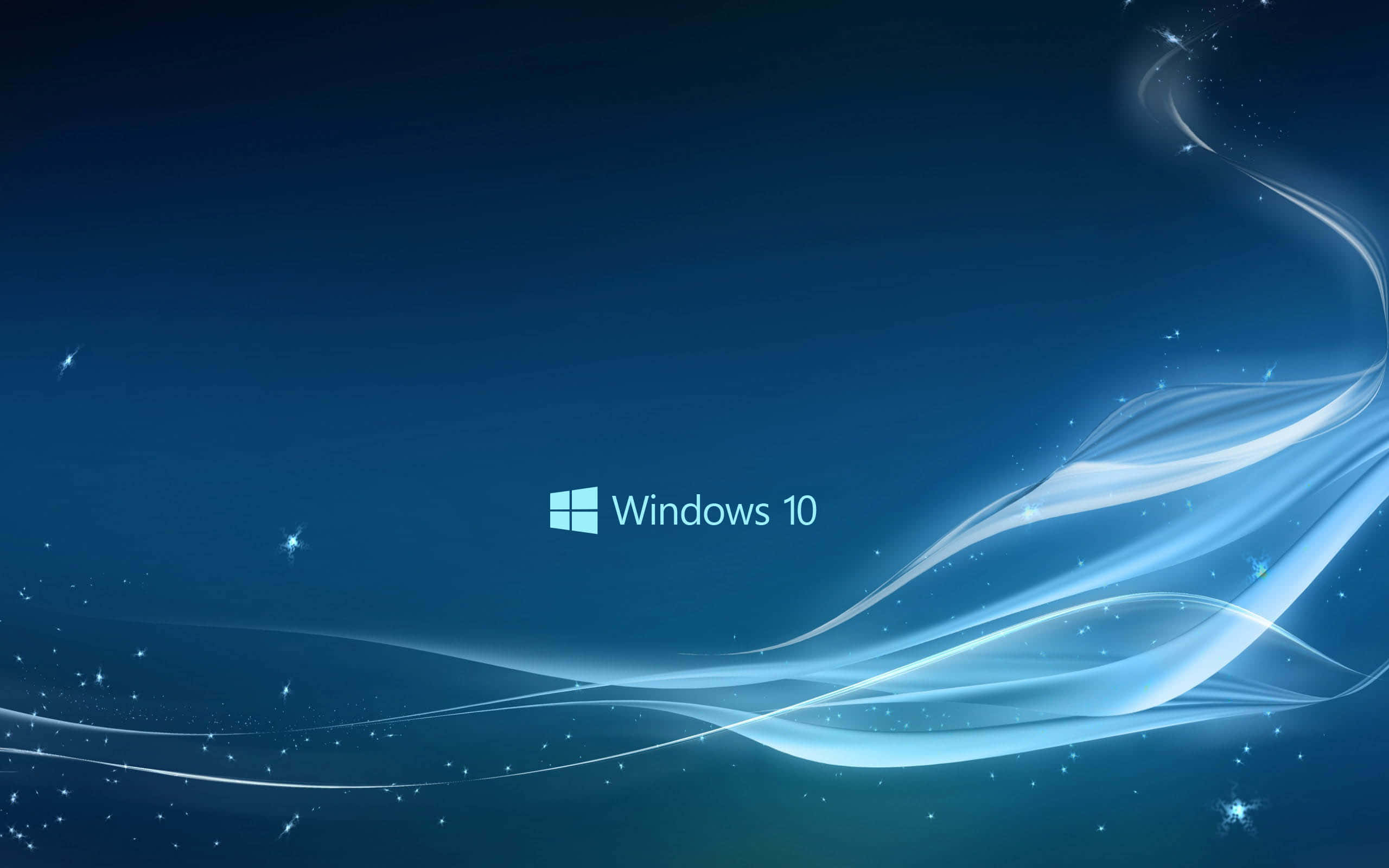 Windows 10 的明亮新世界 壁紙 — Windows 10 標誌居中於深藍色背景上，帶有發光的白色波浪圖案和閃爍的星星。
