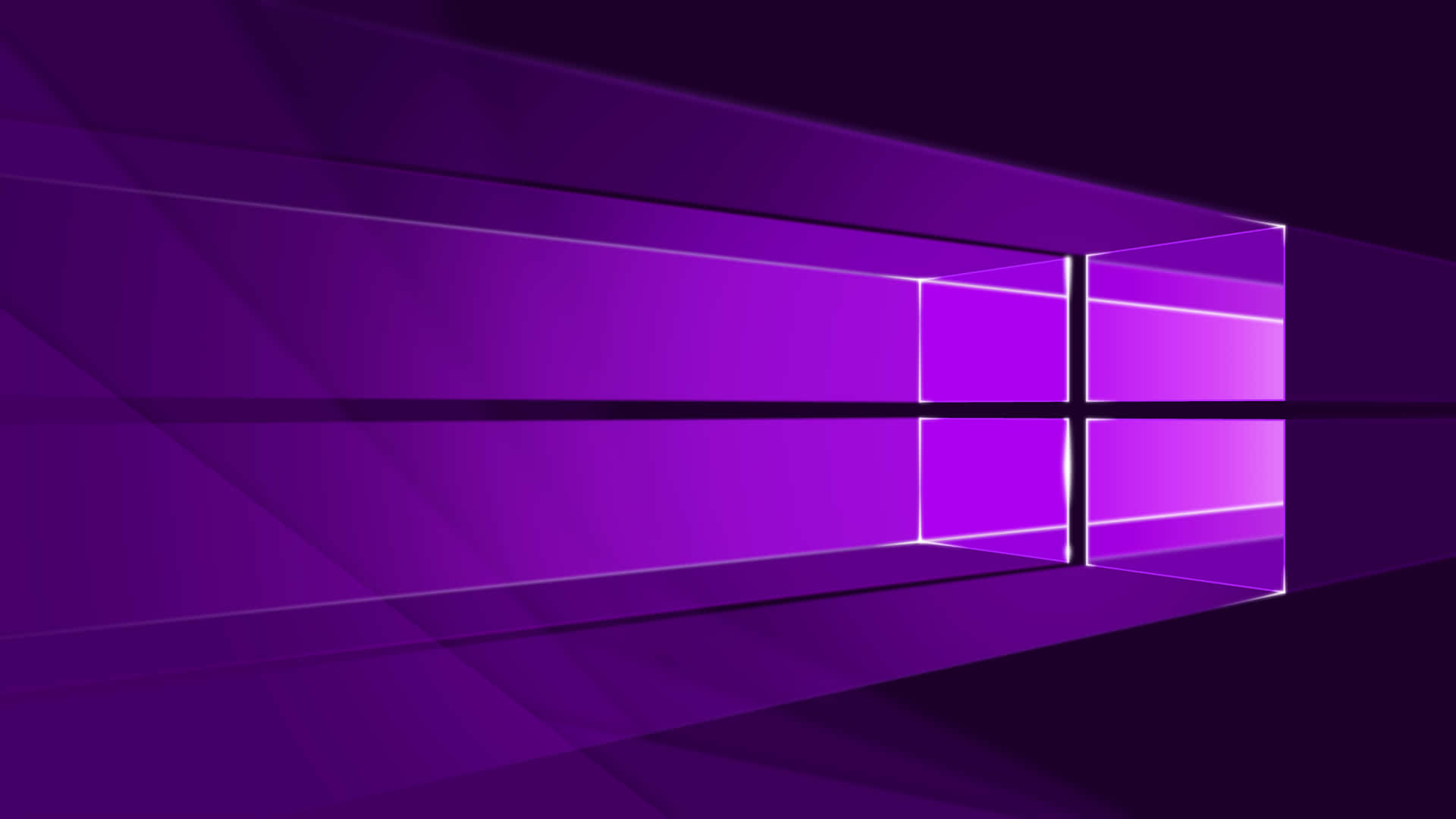 Windows 10 的高畫質視覺體驗 壁紙 — 一個風格化的紫色窗口標誌，帶有發光邊緣，設置在漸變紫色背景上。