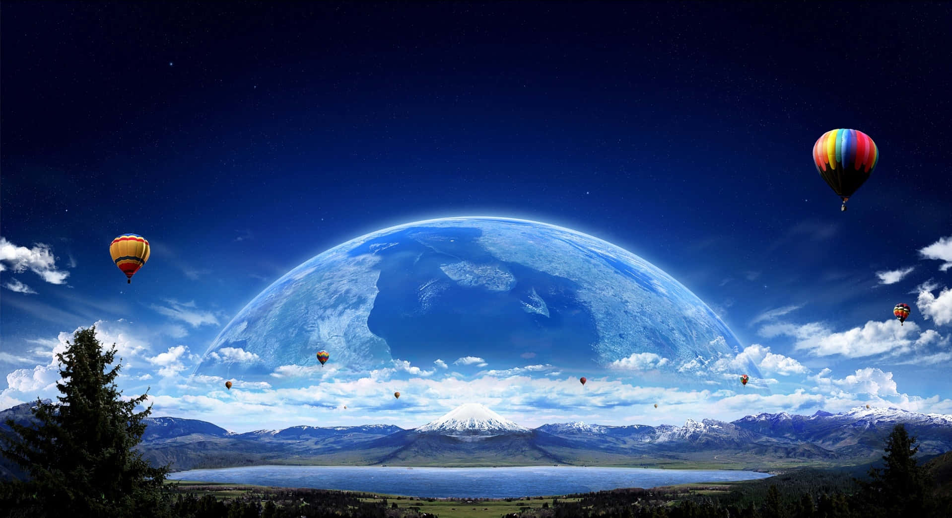 熱氣球在巨大的藍色星球下的山間湖泊上空飄浮。