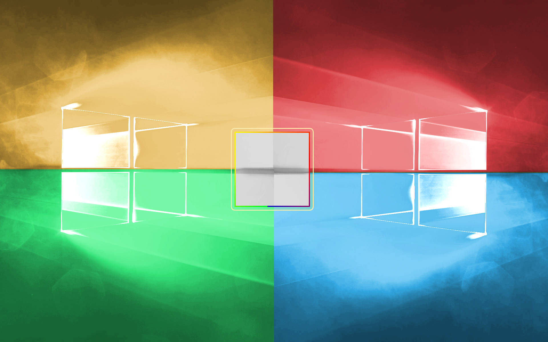 Windows 10 高清多彩框架 壁紙 — Windows 標誌以發光半透明立方體呈現，置於四個鮮豔彩色背景上。