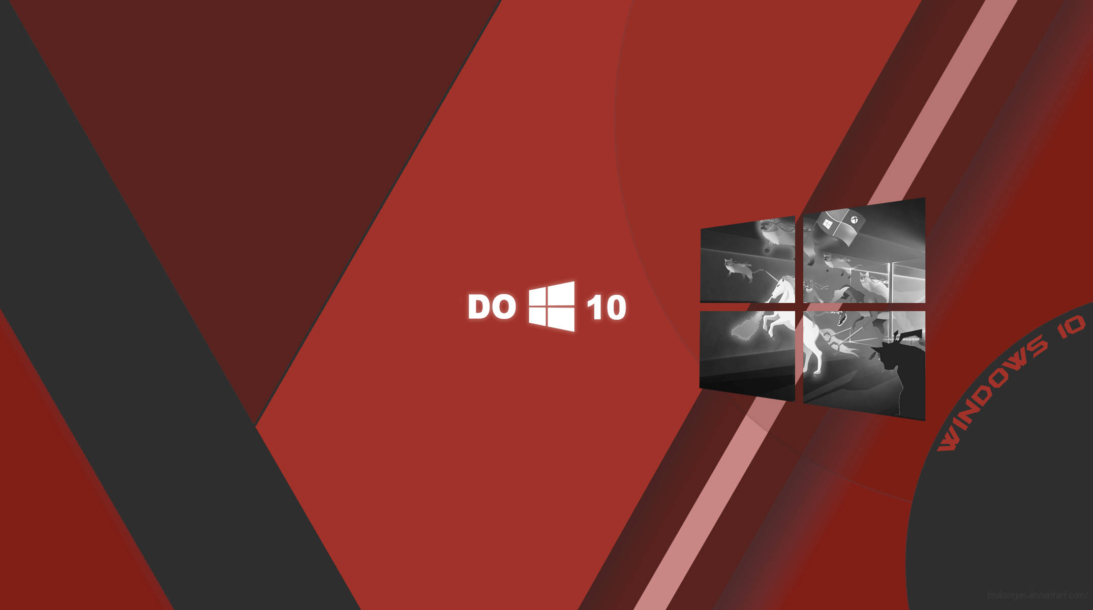 Windows 10 高清紅色抽象 壁紙 — Windows 10 標誌居中於大膽的紅色和黑色幾何背景上，並帶有單色照片拼貼。