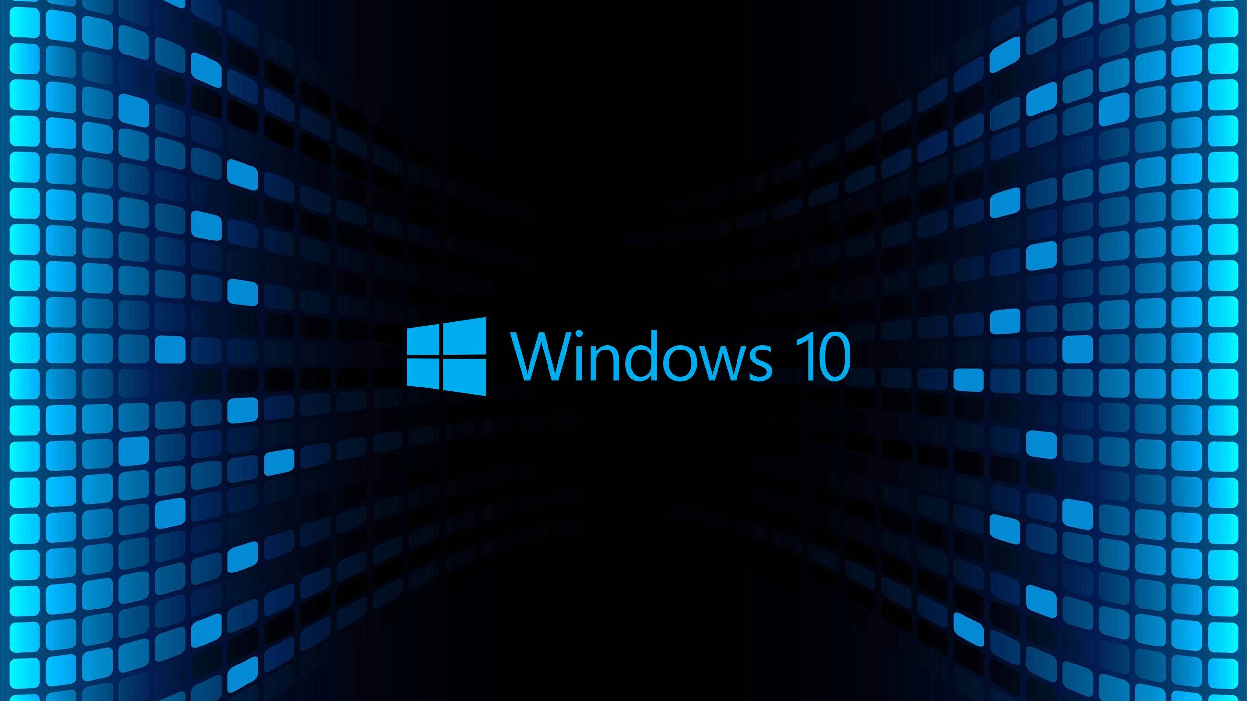 Windows 10 高清藍色方塊 壁紙 — Windows 10 標誌居中於深藍色像素化隧道背景上。