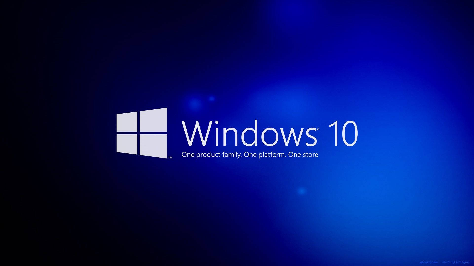 Windows 10 高清藍色漸層 壁紙 — Windows 10 標誌以白色文字和視窗圖示居中顯示在帶有柔和光效的漸變藍色背景上。