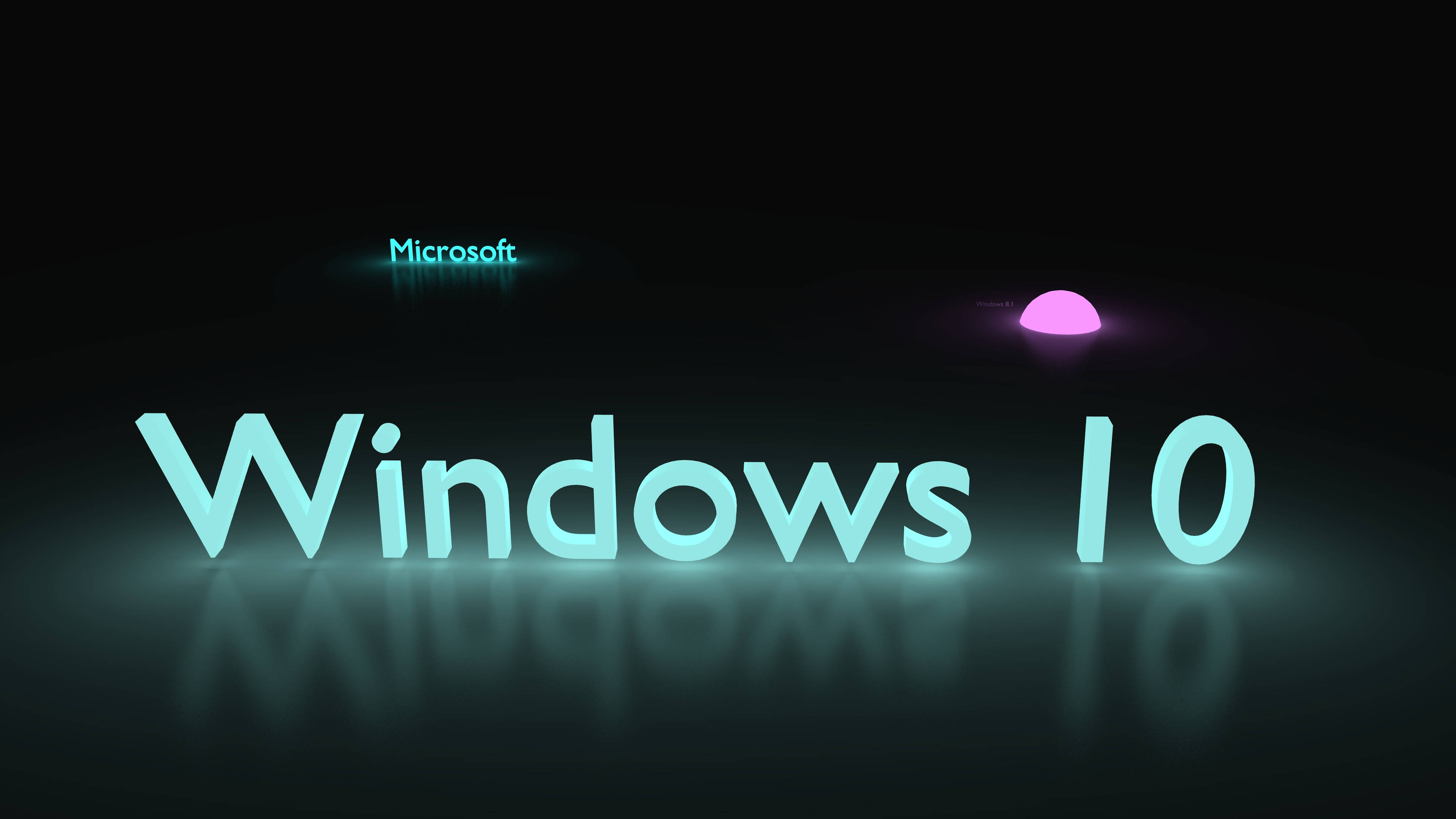 Windows 10 高畫質冰藍色 壁紙 — 在深色反光表面上，帶有Microsoft標誌和粉紅色球體的發光青色'Windows 10'文字。
