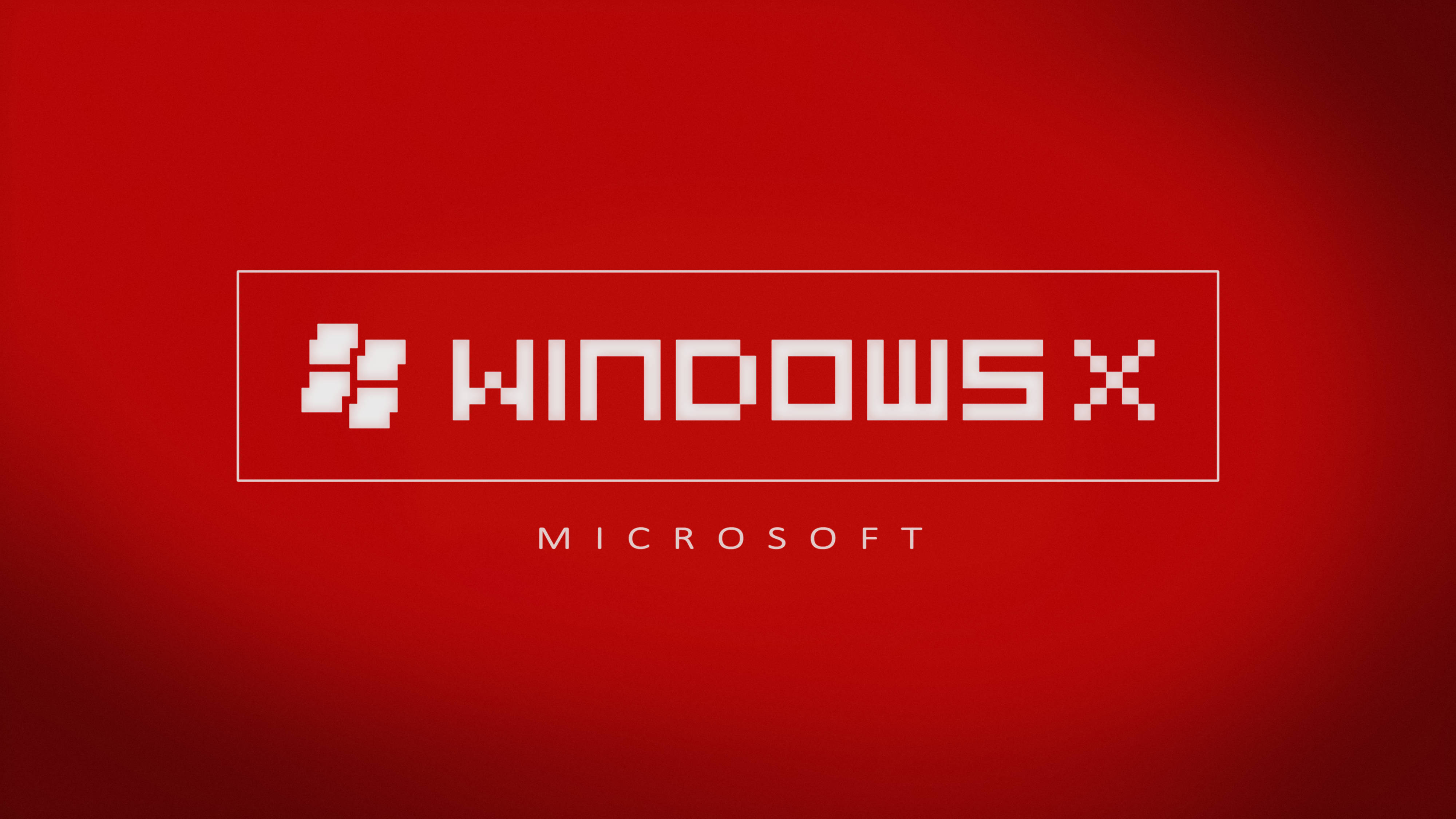 Windows 10 高畫質紅色 X 壁紙 — 大膽的紅色背景上有一個像素化的白色Windows X標誌，下方有Microsoft文字。