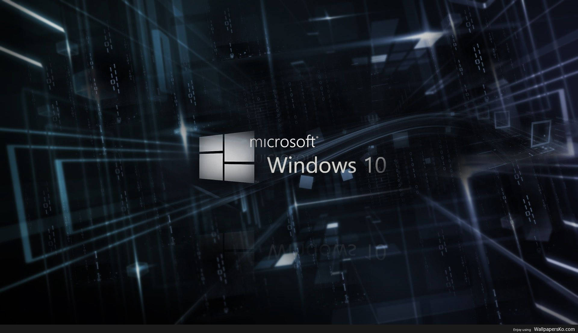 未來數位環境中的 Windows 10 標誌，帶有發光的藍色線條和二進制代碼。