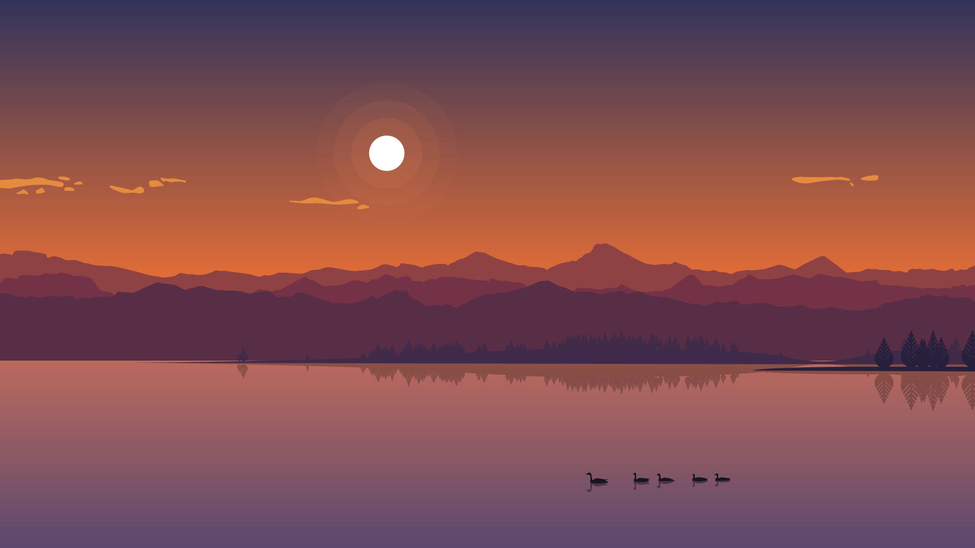 Windows 11 4K 山河風景 壁紙 — 平靜湖面上的寧靜日落，有剪影山脈和前景中游泳的鵝。