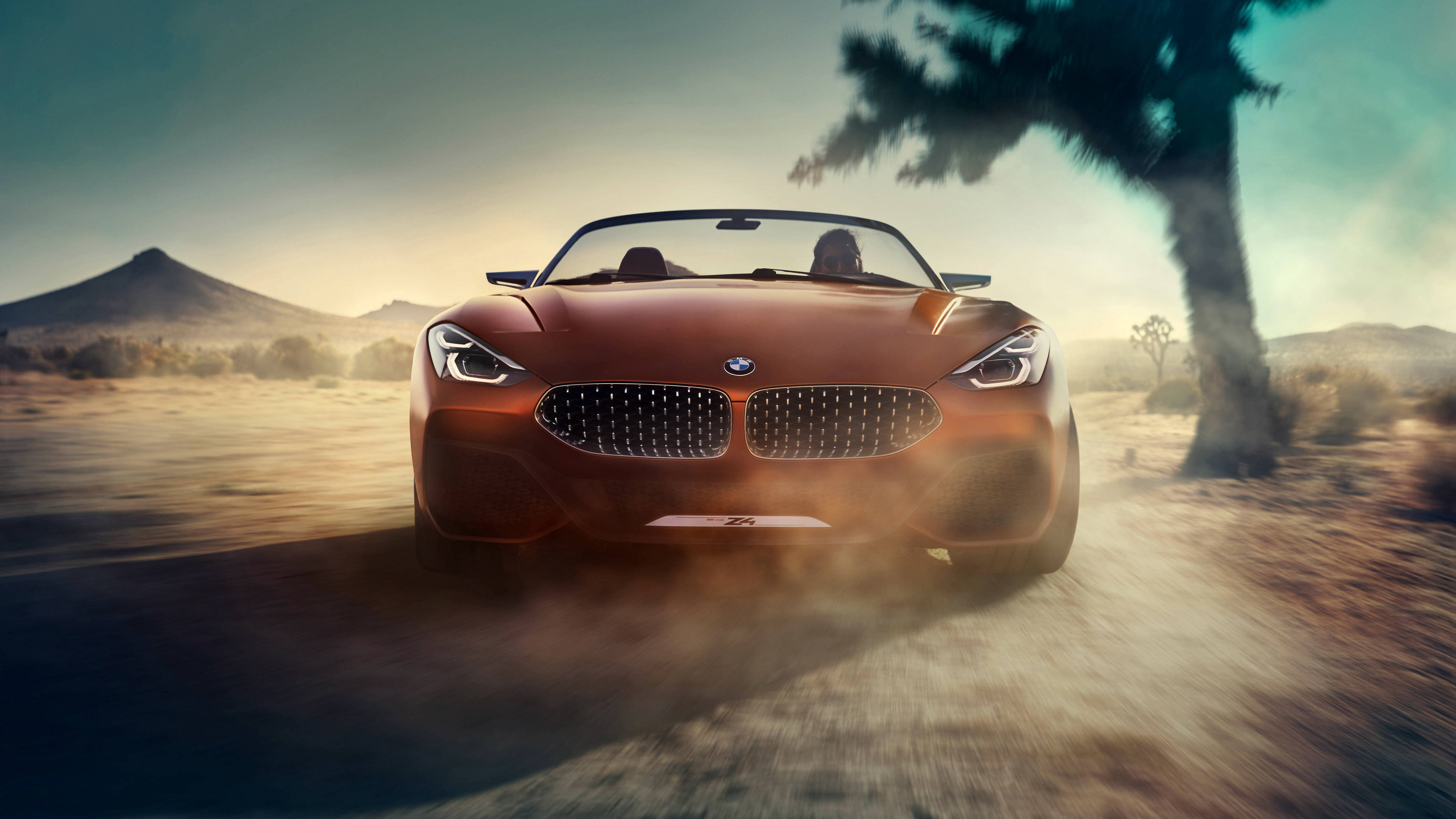 Windows 11 4K 紅色BMW沙漠 壁紙 — 一輛時尚的銅色BMW Z4開篷跑車在塵土飛揚的沙漠公路上飛馳，背景有孤獨的棕櫚樹和遠山，天空朦朧。