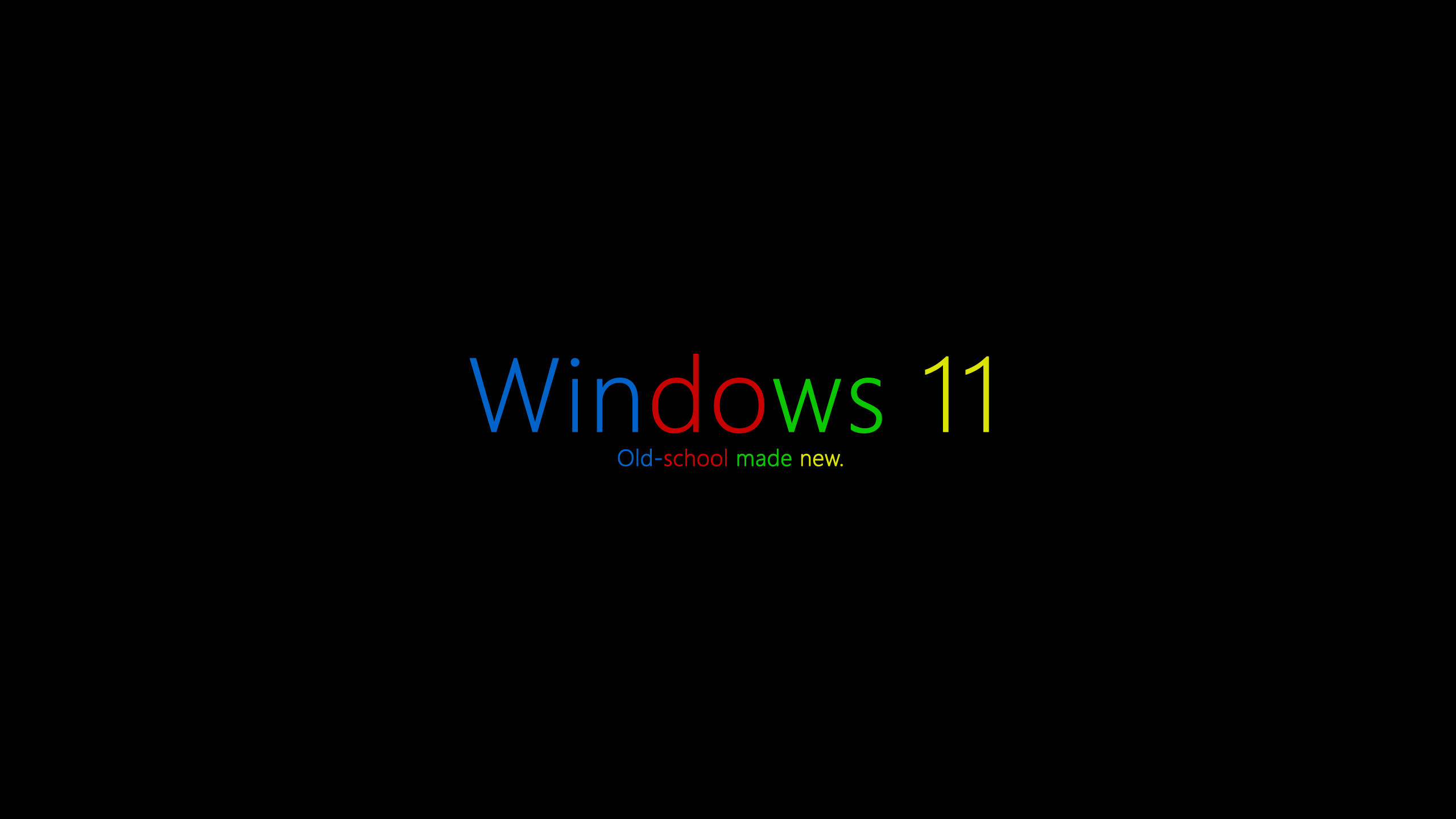 Windows 11 古早風 壁紙 — Windows 11 標誌，黑色背景上帶有彩色文字和標語 old-school made new。