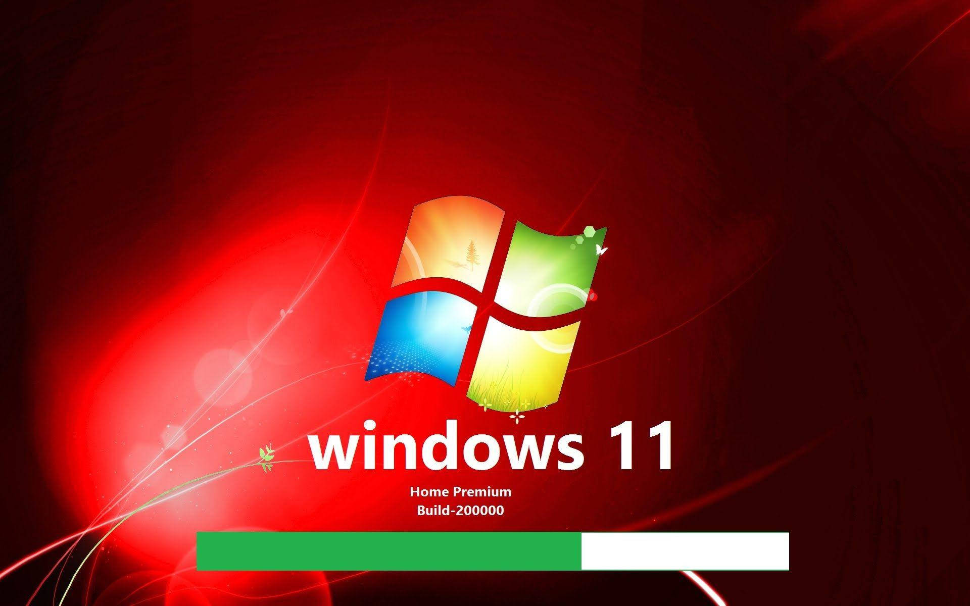 Windows 11 家庭升級版 壁紙 — Windows 11 標誌在鮮紅色背景上發光，帶有光條和綠色進度條。