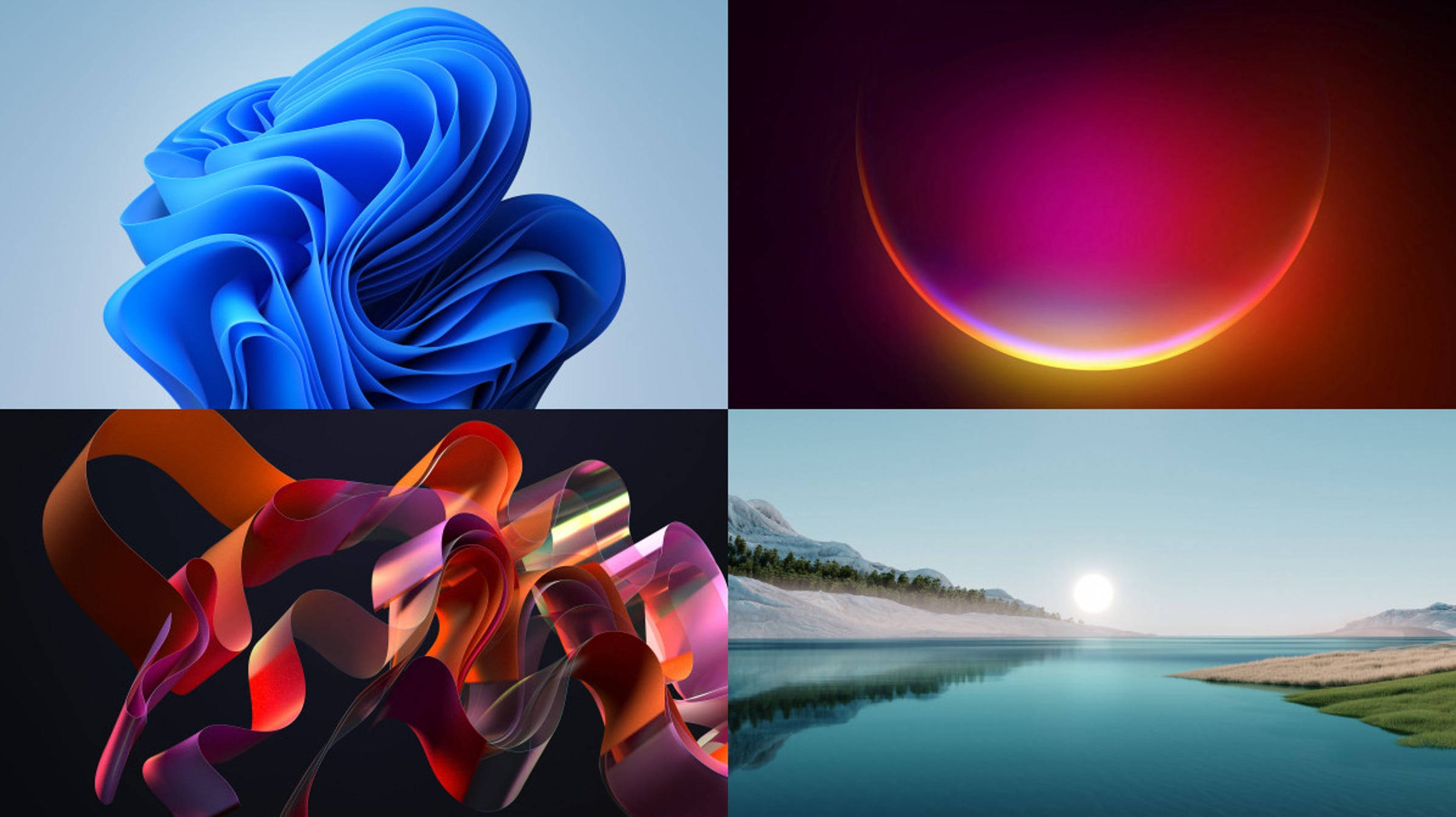 Windows 11 拼貼畫 壁紙 — 四幅抽象數碼藝術作品：旋轉的藍色絲帶、發光的宇宙環、充滿活力的絲帶雕塑，以及日出時寧靜的山間湖泊。