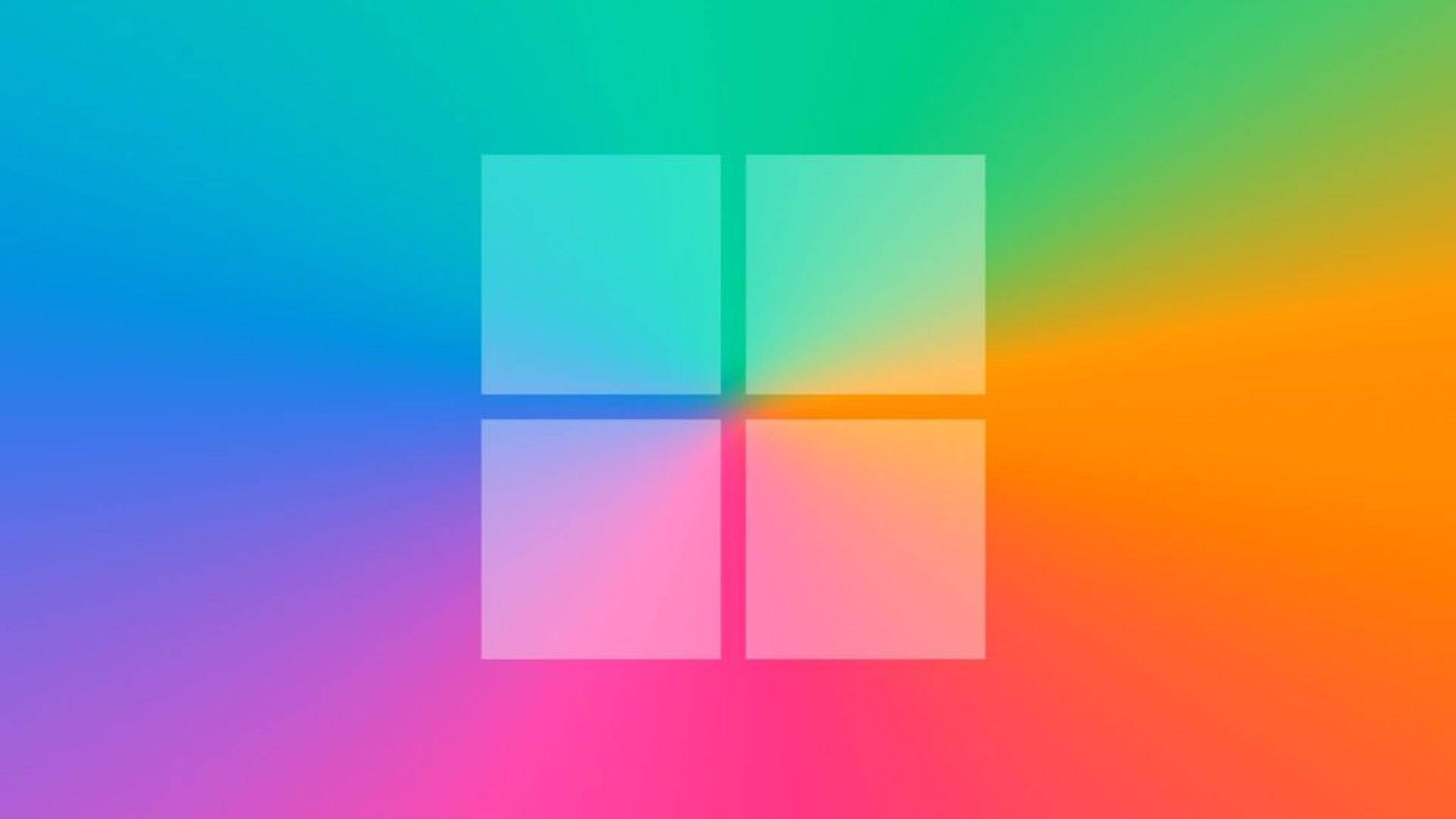 Windows 11 新標誌 壁紙 — Microsoft 標誌以四個正方形居中於混合藍、綠、黃和粉紅色的鮮豔漸變背景上。