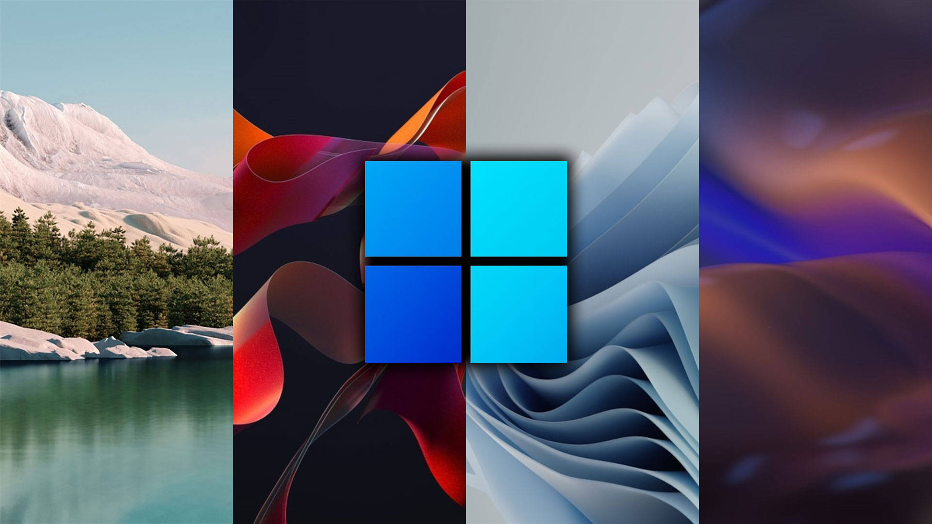 Windows 11 框架式背景 壁紙 — 四張不同桌布的拼貼，包括雪覆蓋的山湖、抽象彩色波浪和居中藍色Microsoft標誌。