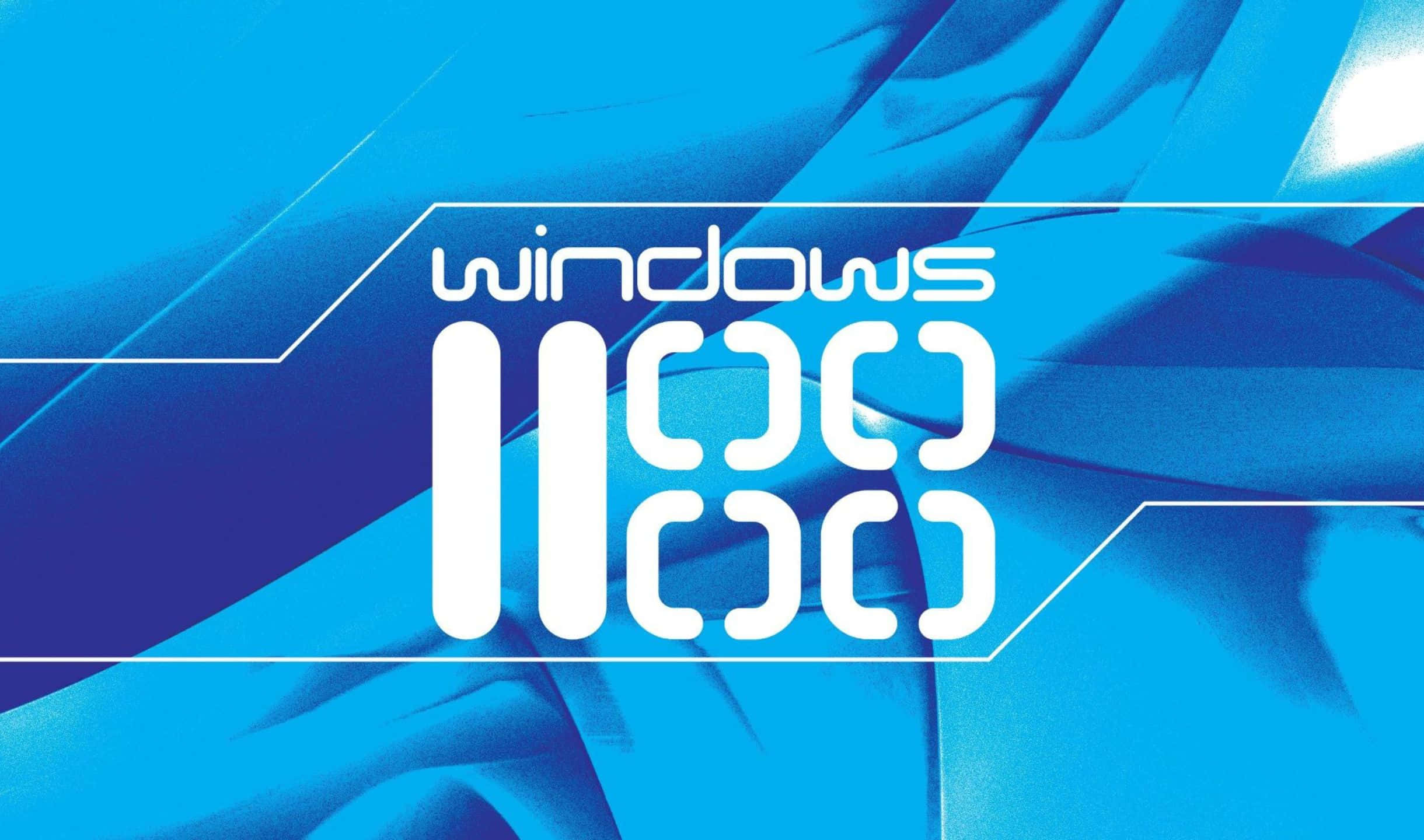 Windows 11 標誌在帶有白色幾何線條的藍色抽象背景上。