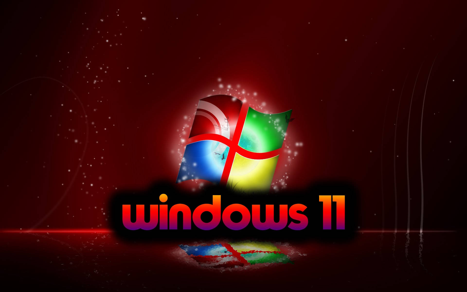 Windows 11 深紅光暈主題 壁紙 — Windows 11 標誌在深紅色宇宙背景上閃耀著鮮豔色彩，並帶有閃爍粒子。