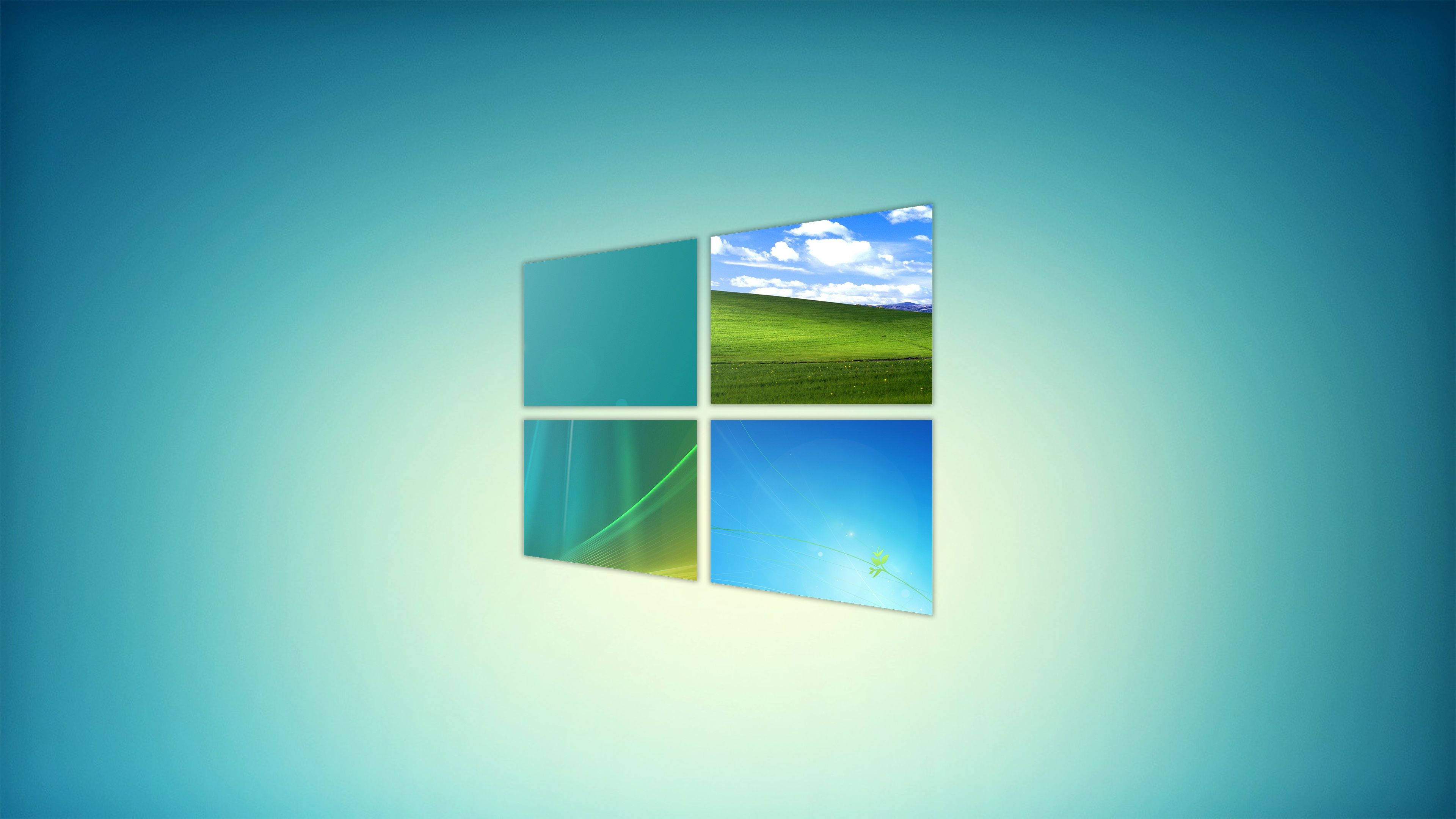 Windows 11 瓷磚預覽 壁紙 — 四格窗戶標誌，帶有綠色田野、藍天和漸變背景上的抽象青綠色面板。