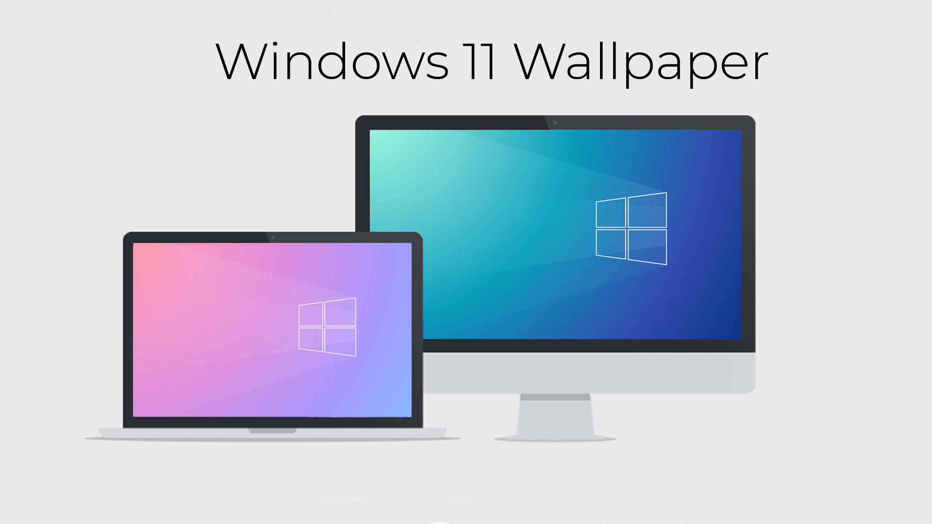 Windows 11 白色顯示器 壁紙 — 兩部時尚電腦顯示帶有漸變背景和標誌性標誌的Windows 11壁紙。