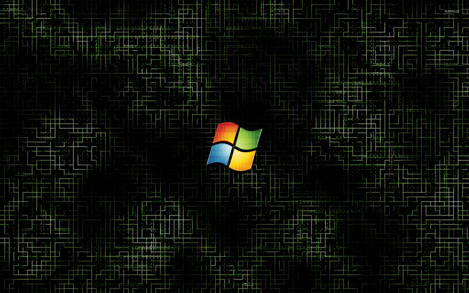 Windows 11 管道紋理 壁紙 — Windows 標誌居中於深色背景上，帶有發光的綠色電路圖案。