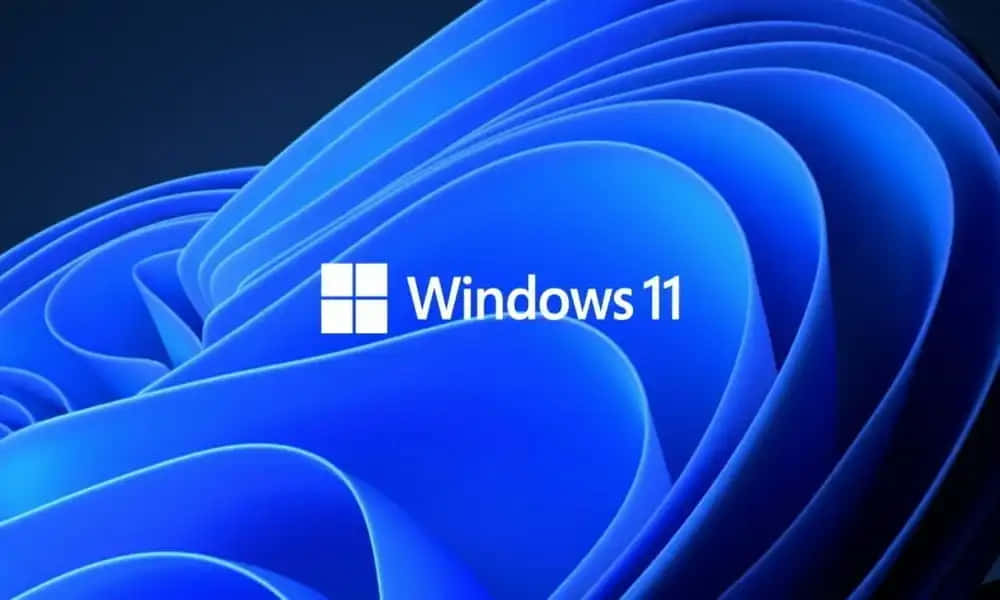 Windows 11標誌在藍色抽象波浪背景上