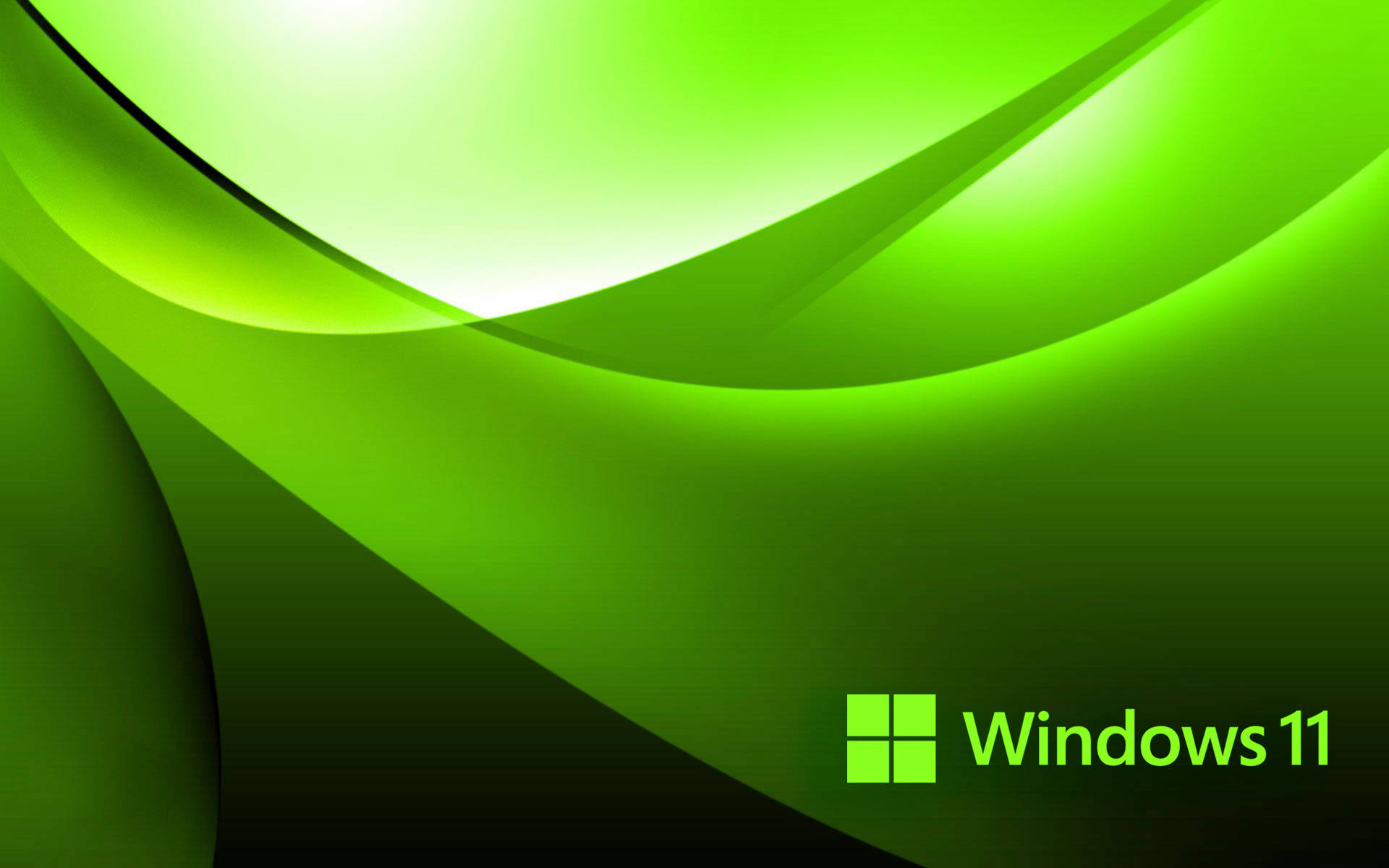 Windows 11 綠色抽象 壁紙 — 鮮豔的綠色抽象波浪在深色漸變背景上流動，右下角有 Windows 11 標誌。