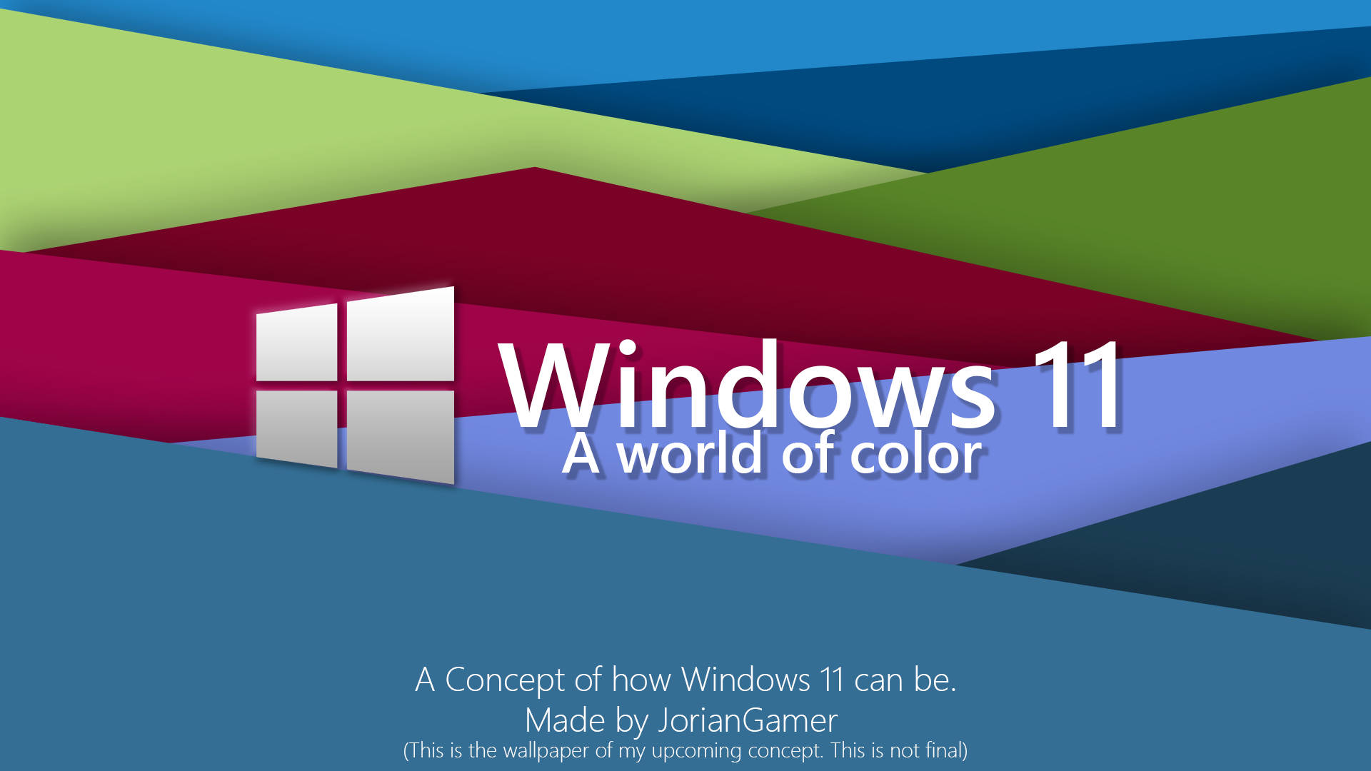 Windows 11 色彩世界 壁紙 — 充滿活力的幾何色塊為 Windows 11 品牌文字形成現代抽象背景。