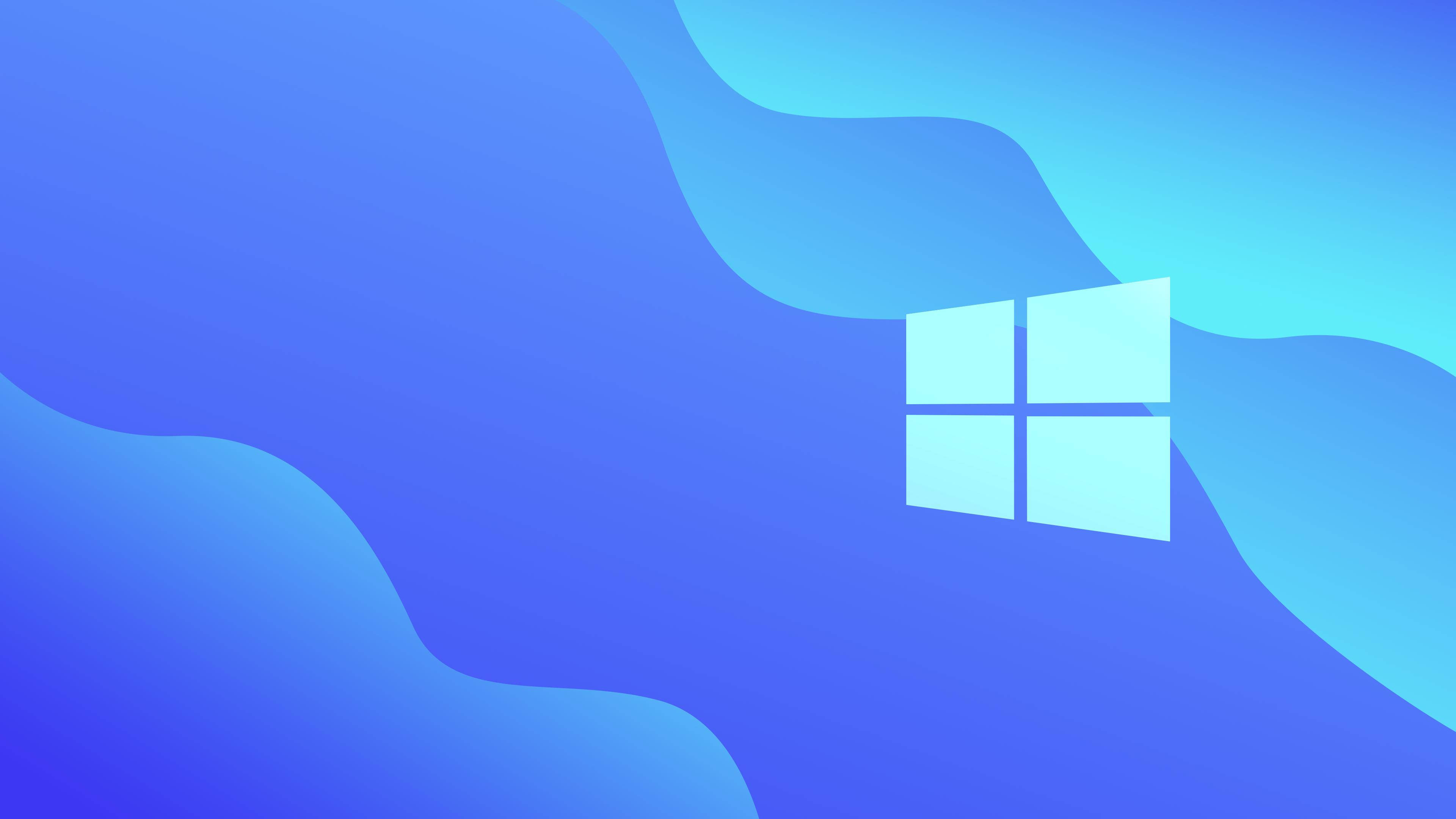 Windows 11 藍色波浪 壁紙 — 極簡數碼牆紙，中央發光的Windows標誌位於流動的藍色漸變波浪上。