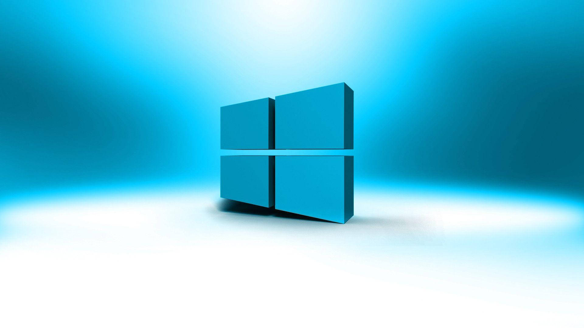 Windows 11 藍色立體標誌 壁紙 — 一個發光的藍色Windows標誌位於明亮的白色地板上，背景為漸變藍色。