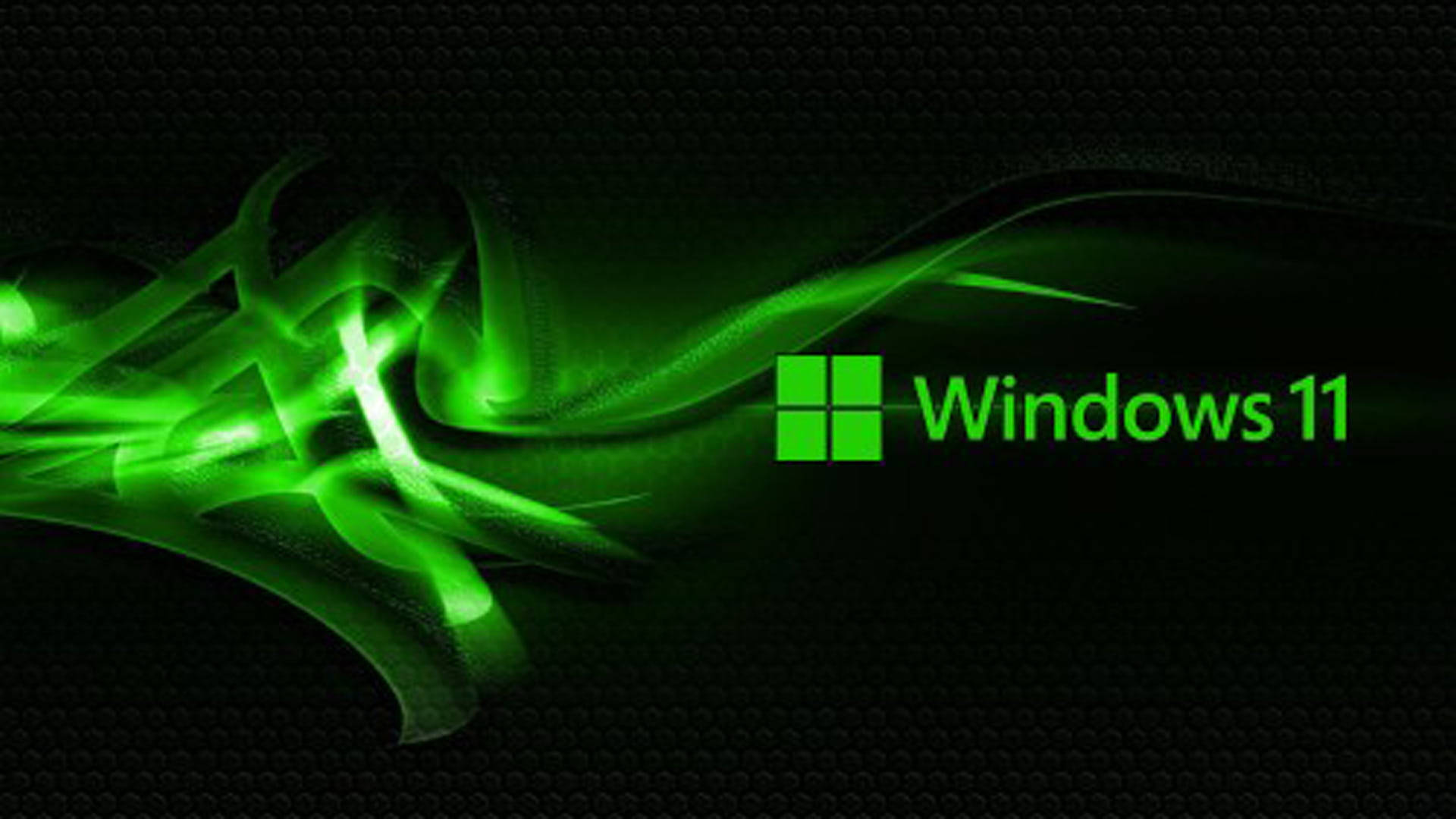 Windows 11 標誌在深色紋理背景上帶有發光的綠色數位漩渦。