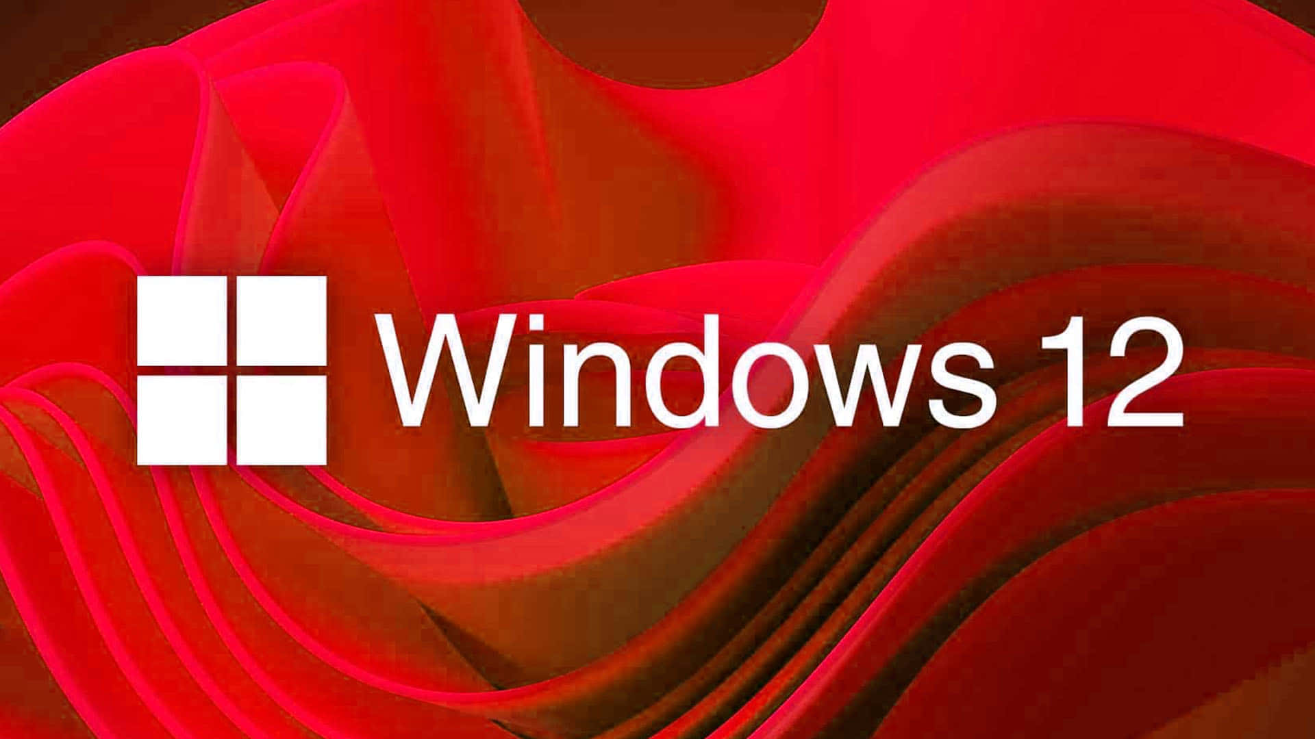  壁紙 — Windows 12 標誌以白色文字和圖示居中顯示在流動的紅色抽象背景上。