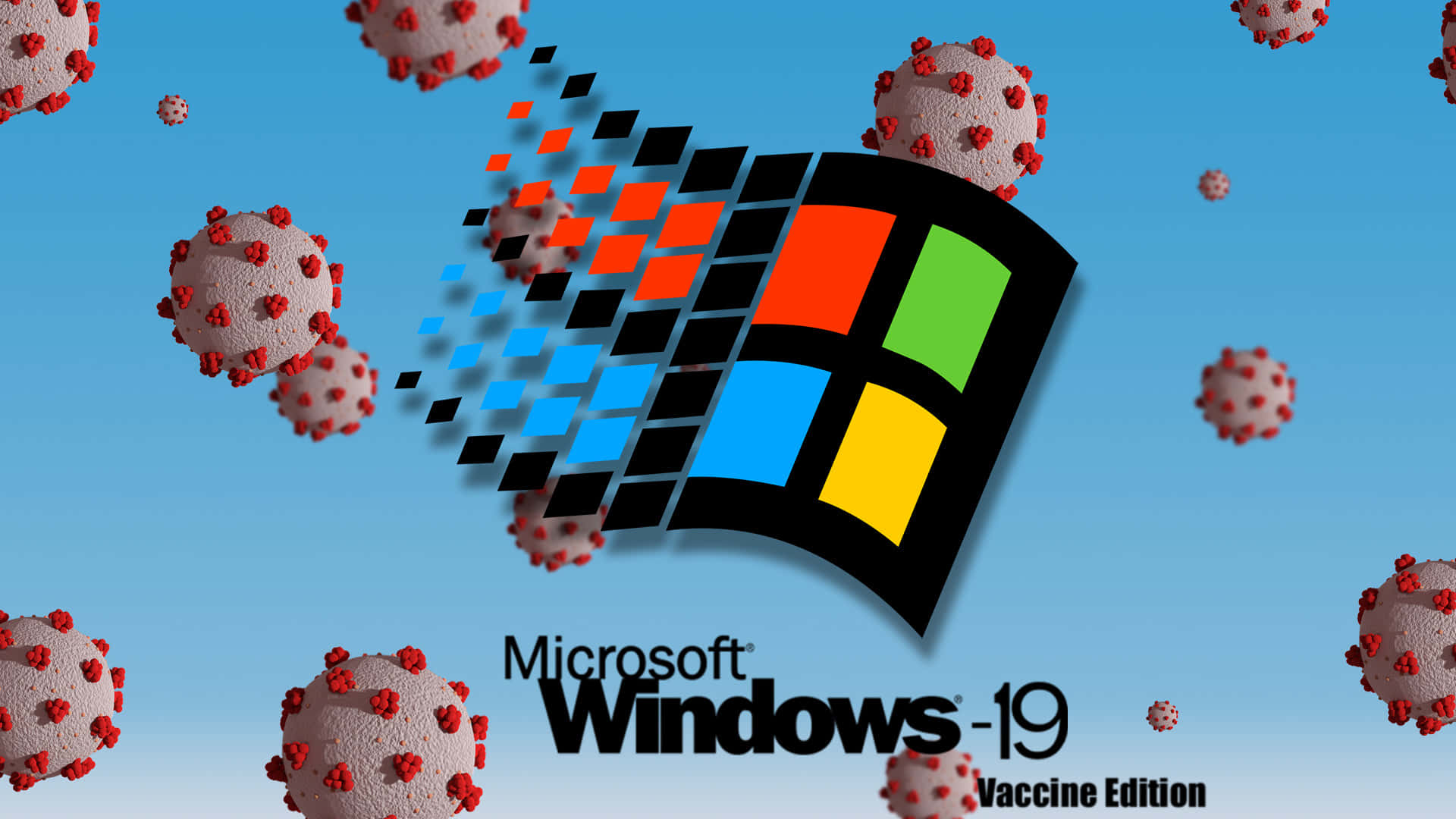 Windows 98 桌布 壁紙 — Windows 19 Vaccine Edition 標誌，周圍漂浮著病毒粒子，背景為藍色漸變。