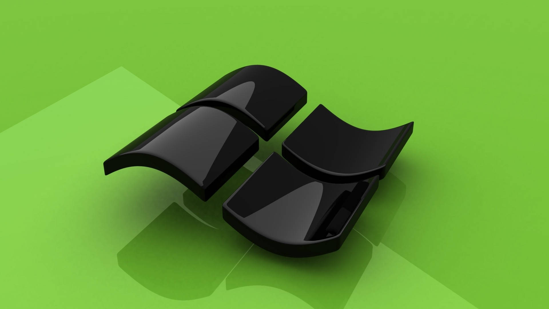 黑色 Windows 標誌 3D 全景 壁紙 — 閃亮的黑色Windows標誌圖示放置在充滿活力的綠色表面上，帶有柔和陰影和反射。