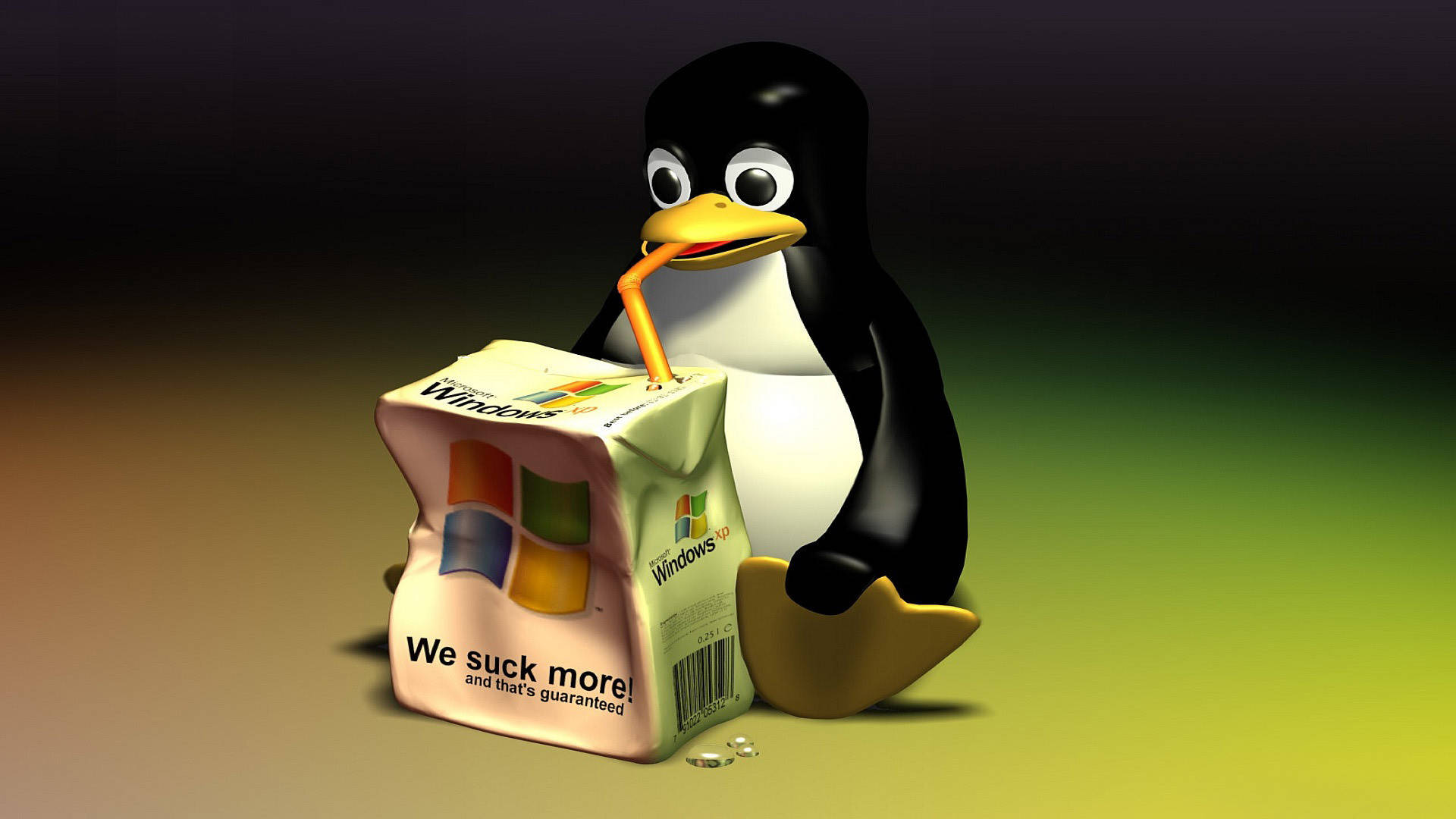 Windows 3D 桌面壁紙 Tux 壁紙 — 一隻3D渲染的Linux企鵝正在從一個Windows果汁盒中啜飲，盒上寫著「我們吸得更多，這是保證的」，背景為漸變色。