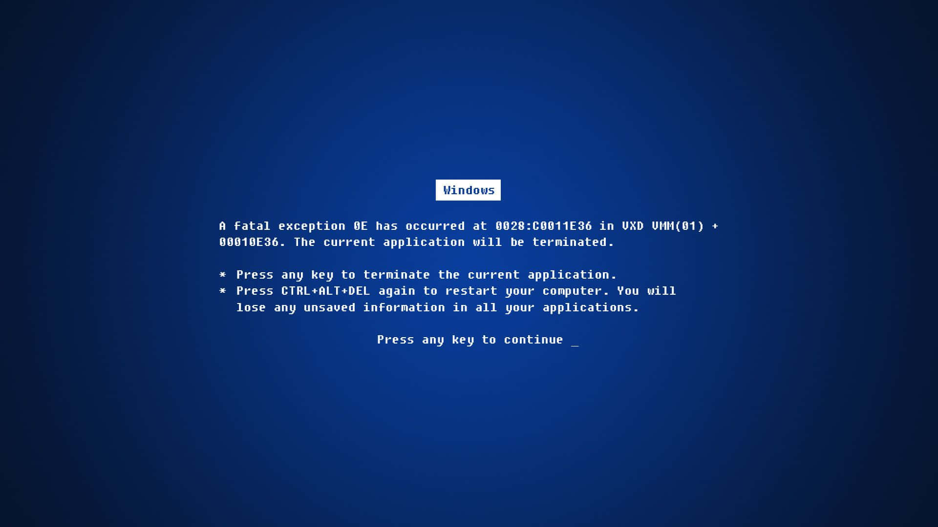 Windows錯誤惡作劇搞笑鎖屏壁紙 壁紙 — Windows 藍色當機畫面顯示致命例外錯誤，白色文字在深藍色漸變背景上。