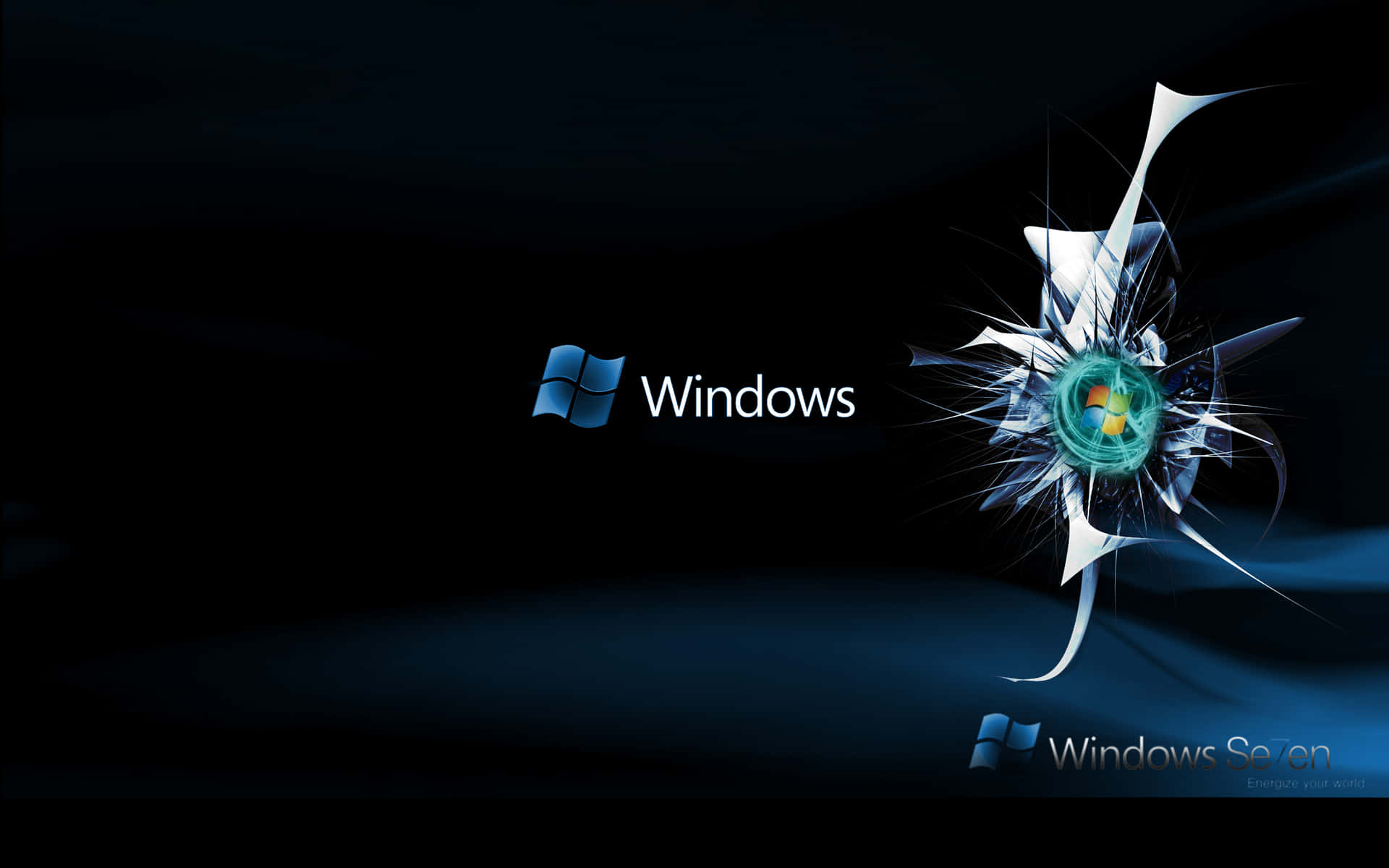 Windows 7 標誌以藍色光效穿透玻璃。