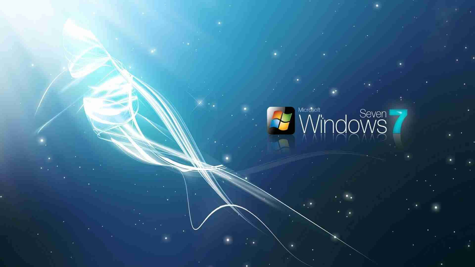Windows 7 標誌，帶有發光白色絲帶，背景為星空藍色