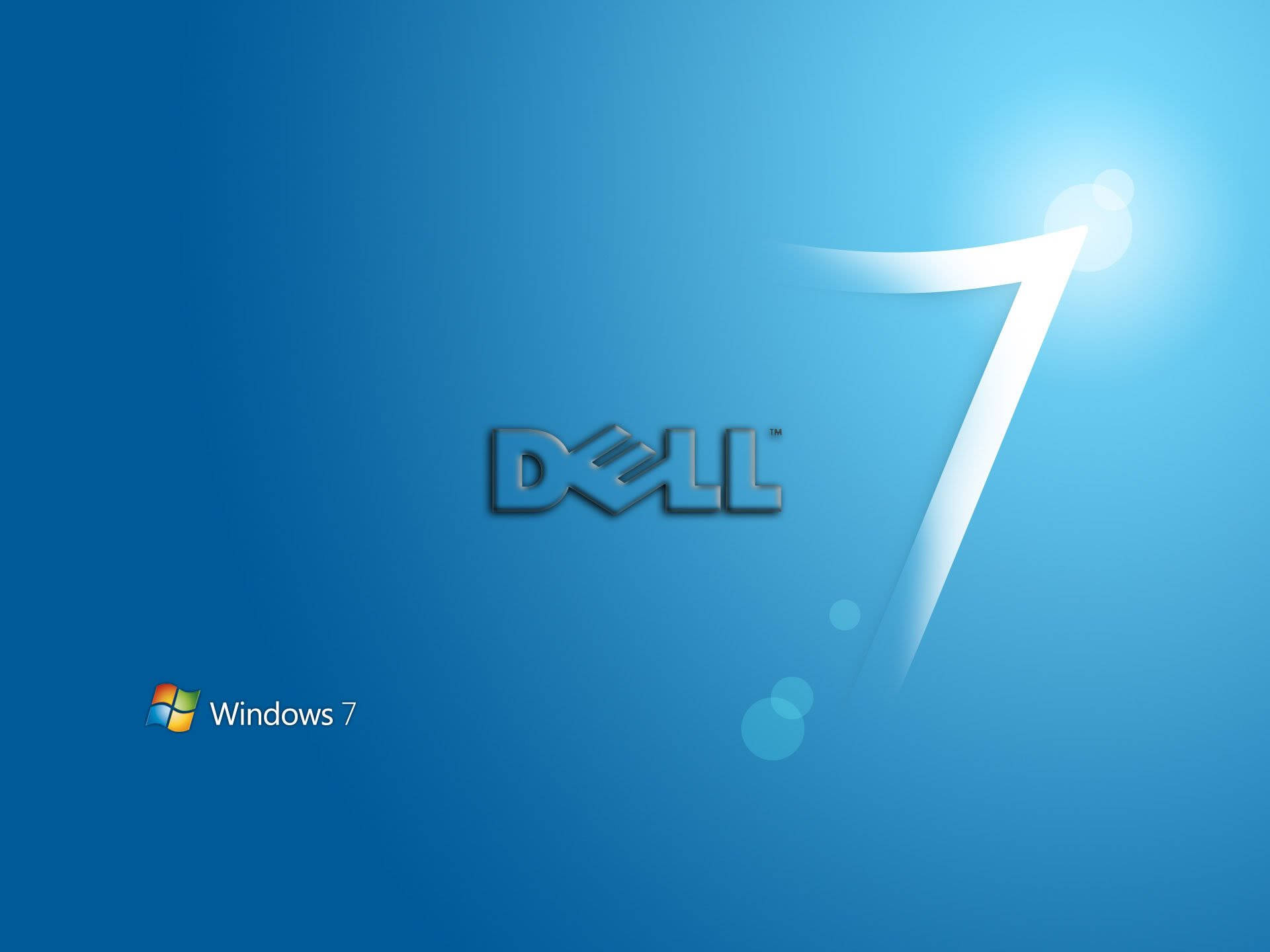 Windows 7 戴爾 HD 標誌 壁紙 — Dell 標誌和 Windows 7 品牌標誌漂浮在帶有發光效果的藍色漸變背景上。