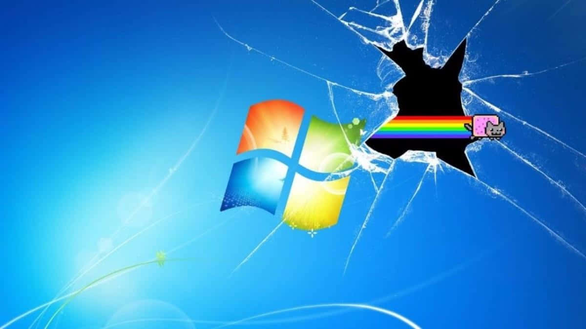 Nyan Cat的彩虹軌跡穿過藍色背景上破裂的Windows標誌。