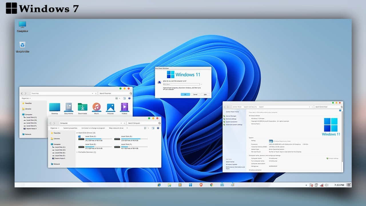 Windows 11 桌面介面在 Windows 7 背景上，帶有開啟的視窗。