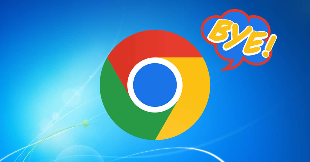 Chrome 標誌，帶有卡通對話框，上面寫著「BYE!」，背景為藍色。